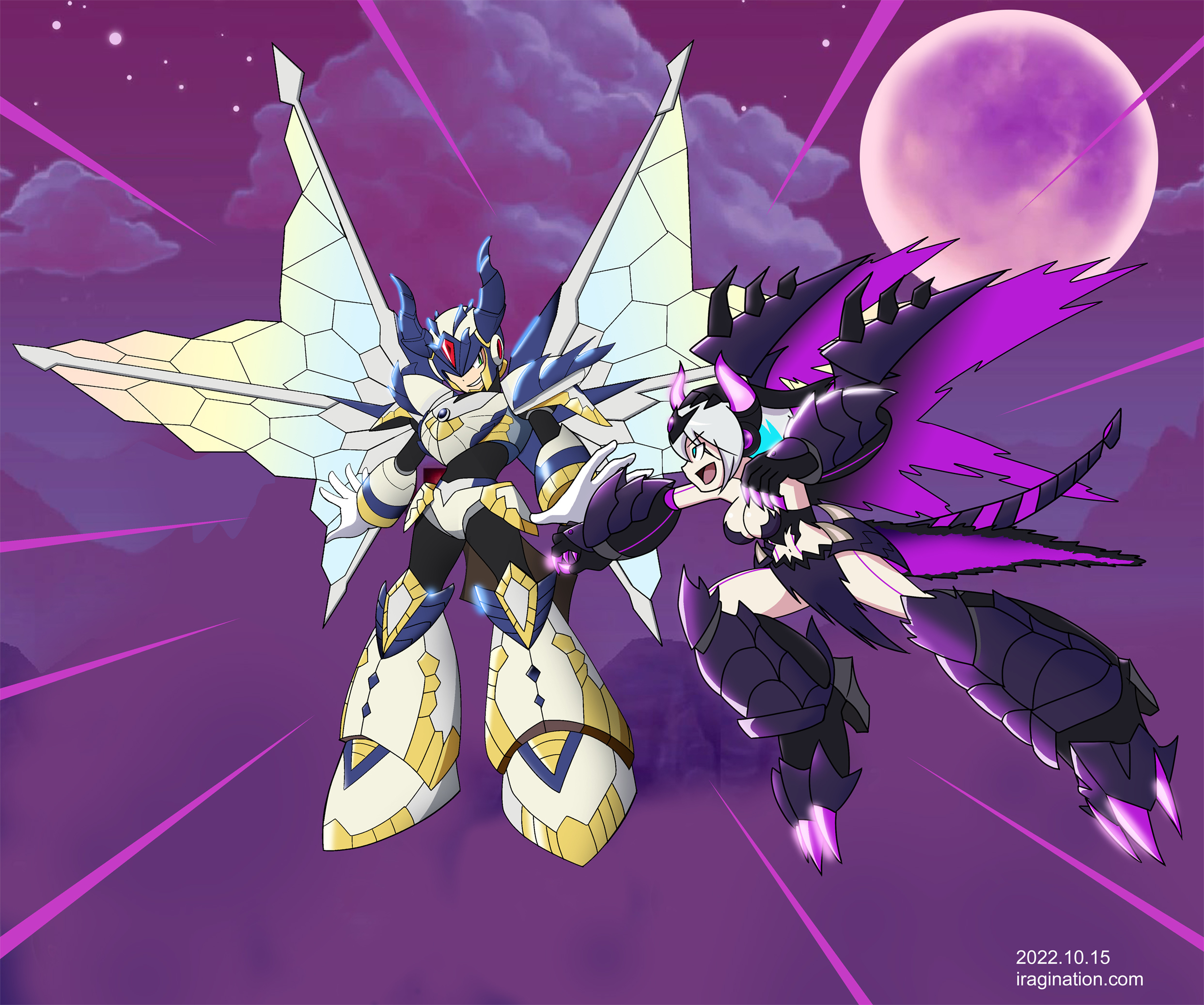 Shagaru Armor X vs Gore Magala iCO
This is an image that I had been working on for way too long, so I had to settle with this to complete it. Luckily, there were no new Rockman X DiVE characters this week. Otherwise, I would have shelved this and moved on to the new content.

For those who are not familiar with this, on the left, there is [url=https://www.facebook.com/CAPCOM.RXD/videos/1254958842014960]Shagaru Armor X[/url], and on the right [url=https://www.facebook.com/CAPCOM.RXD/videos/847914319544696]Gore Magala iCO[/url]. They were released as playable characters for a recent [b]ROCKMAN X DiVE[/b] collaboration with [b]Monster Hunter Rise Sunbreak[/b].

I have no idea about the [b]Monster Hunter[/b] series, but at least the writing staff returned, and the event had some funny dialogue. Essentially, by the end, they were so excited about their powers that they were teasing each other to test their strength, Dragon Ball Z style.

An interesting development during this event is that apparently, the main cast (X, Zero and Iris) are the actual characters from the Mega Man X series, not Hunter Programs, who travel to the Deep Log from their real universe. When they return, they forget everything that happened. I am not sure what this means for the apparently sentient Hunter Program characters like Axl early in the game. I’d rather not read much into it.

The background image was taken from the game stage with some minor modifications.

Mega Man X DiVE © CAPCOM
Keywords: x ico