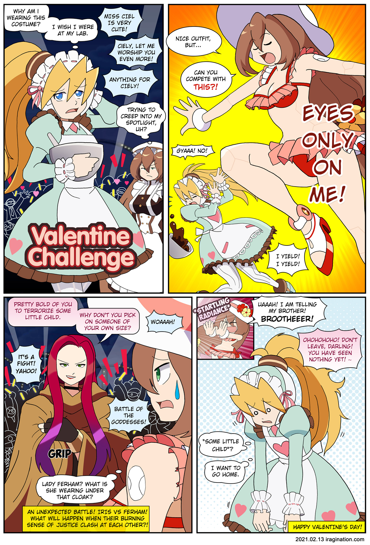 Valentine Challenge - Rockman X DiVE
Rockman X DiVE had a [url=https://www.facebook.com/CAPCOM.RXD/posts/699333750762717]Valentine event[/url], and someone decided to put these three ladies together, so after playing the event I could only think in some battle shonen skit. Is Iris awakening her dark side? Or perhaps was this just a one-off event?  Did she go too far?

This piece was a lot of fun. I had to take a lot of shortcuts to complete this work before the artificial deadline I came up with. It was more of a personal challenge and to practice some economy, so not only the layout and script are extremely simplified, but I also used mostly flat colors and did not complete other major finishing. I think it looks good enough for this kind of seasonal comic. What do you think? Should I revise this and add more colors? I can't possibly expand on the story details. I will leave that to your own imagination!

Here is hoping Ciel gets her voice one day.

Keywords: iris ciel ferham