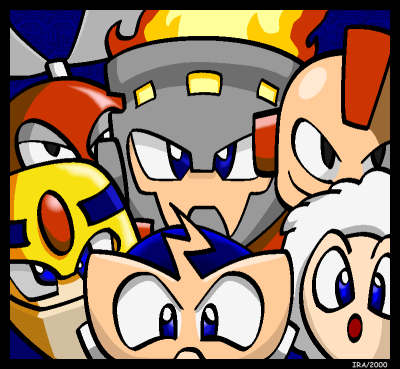 The Deadly Six
An illustration of the first six Mega Man boss characters.

Mega Man (C) CAPCOM.
Keywords: fire_man elec_man ice_man cut_man bomb_man guts_man