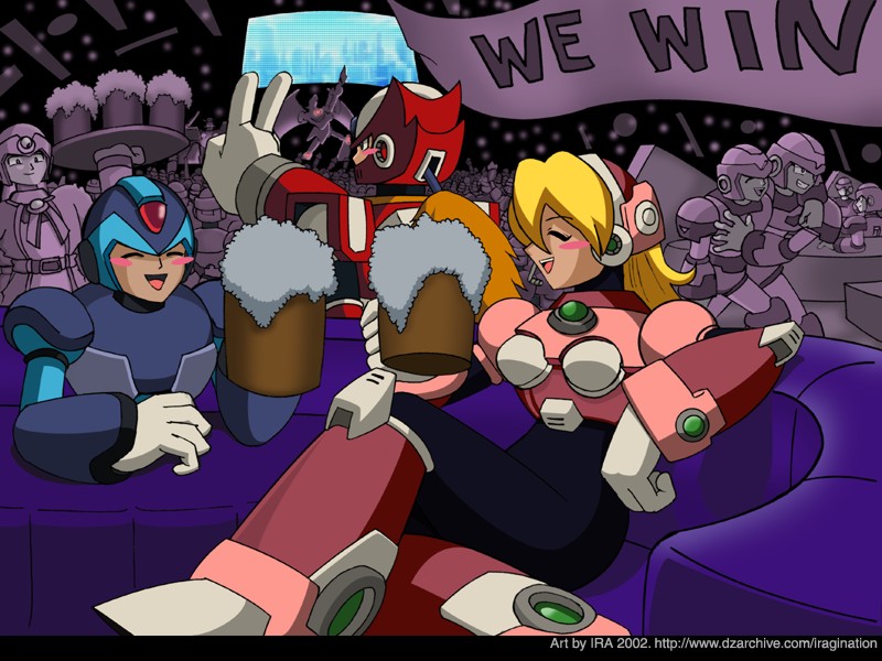  Celebration
Maverick Hunters celebrating at some venue.

Mega Man X (C) CAPCOM.
Keywords: zero x alia