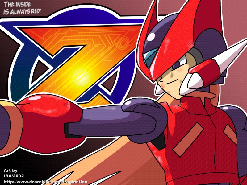 The inside is always red
Zero from the Mega Man Zero series.

This is a reference to the blood displayed on the Japanese version.

Mega Man Zero (C) CAPCOM.
Keywords: zero