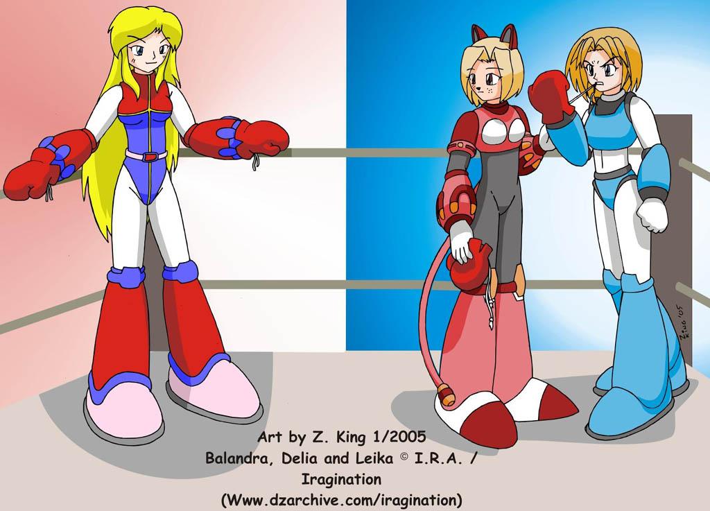 Art by Z King
[url=http://zkfanart.deviantart.com/]Web site[/url]
Balandra and Delia are ready to settle some differences, in a boxing ring. Heh heh. It's a really cool scene. =D
Keywords: balandra leika delia guest_fan_art