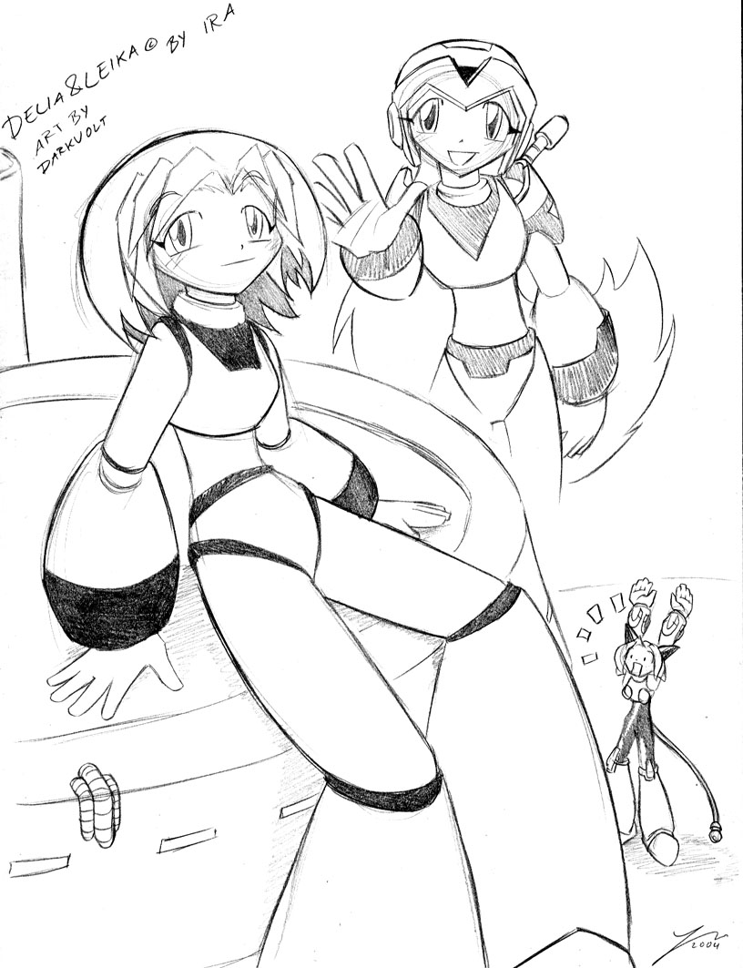 Art by Dark Volt
[url=http://darkvolt.deviantart.com/]Web site[/url]

This is a neat scene. Delia with her Wings of Will look, the future Delia in the background, and Leika is either cheering her up or freaking out. =D
Keywords: delia leika guest_fan_art