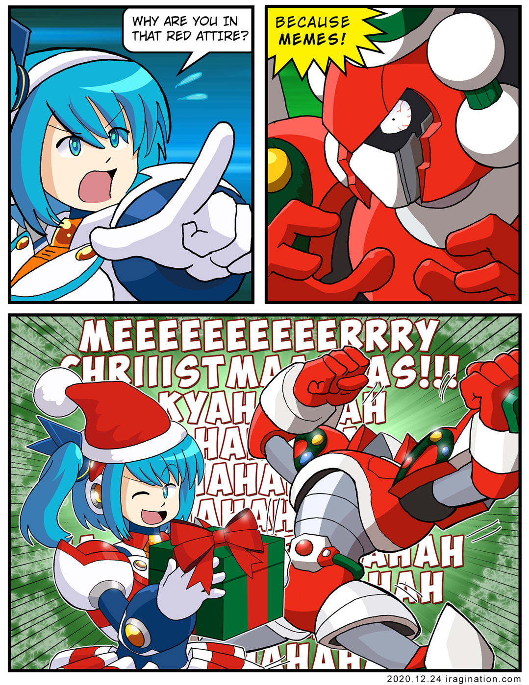 Christmas Bit - Rockman X DiVE
Hi guys, I know everyone must be busy, so let's keep it short.

The Christmas Bit meme is based on the Rockman X3 manga. You can read the pertinent chapter [url=https://mangadex.org/chapter/216840/1]here[/url].

There was a reference to [url=https://www.facebook.com/CAPCOM.RXD/videos/301121214661411]Christmas Bit in Rockman X DiVE[/url]. The good part is that RiCO made the pressing question of why Bit would wear such an outfit.

He gave some in-universe answer that I think it was meant to be serious. So, I decided to make my own version with the only answer I thought was reasonable for this scenario. I mean, come on, if you are going to do a homage to some meme, go all the way in!

You also have got to admire RiCO's willingness to take part in all our holidays!

Merry Christmas!

Keywords: bit rico
