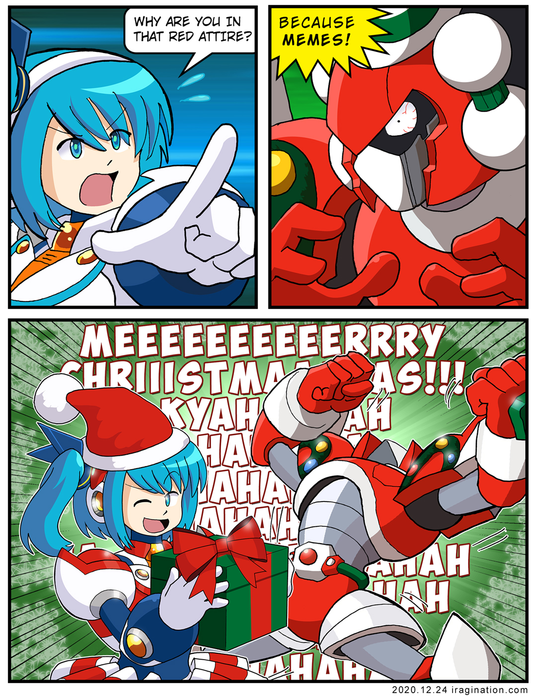 Christmas Bit - Rockman X DiVE
Hi guys, I know everyone must be busy, so let's keep it short.

The Christmas Bit meme is based on the Rockman X3 manga. You can read the pertinent chapter [url=https://mangadex.org/chapter/216840/1]here[/url].

There was a reference to [url=https://www.facebook.com/CAPCOM.RXD/videos/301121214661411]Christmas Bit in Rockman X DiVE[/url]. The good part is that RiCO made the pressing question of why Bit would wear such an outfit.

He gave some in-universe answer that I think it was meant to be serious. So, I decided to make my own version with the only answer I thought was reasonable for this scenario. I mean, come on, if you are going to do a homage to some meme, go all the way in!

You also have got to admire RiCO's willingness to take part in all our holidays!

Merry Christmas!

Keywords: bit rico