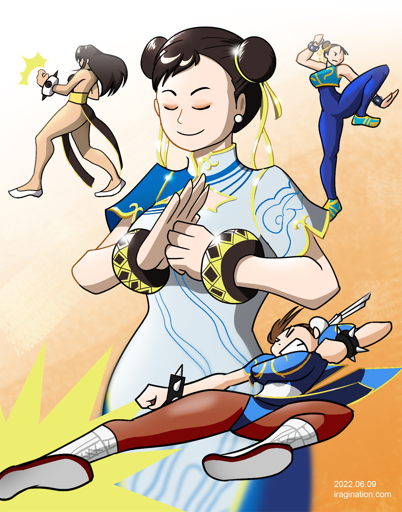 Chun-Li - Street Fighter 6
[b]Chun-Li[/b] is a character from the [b]Street Fighter[/b] series, a game that is all the rage with the recent [url=https://youtu.be/GZud-p0QRvA]Street Fighter 6 - Announce Trailer[/url]. 

I did not do much planning for this illustration, but as usual, I was doodling around, and this set of drawings did not come half bad, so I ended up coloring it. It is essentially a homage to Chun-Li and her many appearances in the Street Fighter series. I used to draw her a lot back in the day before I even had Internet access, and all my references came from video game magazines. As you can imagine, this was a very frustrating exercise with little to no progress. I like to think I have improved a bit after all these years so I gave it a try.

The central theme is, of course, Chun-Li’s Street Fighter 6 outfit, revealed in the trailer. I really liked how calm and composed she looks there. Here, I guess she’s having some nostalgic memories about her past selves.

The top left is her amazing black dress from [b]Street Fighter V[/b]. The top right is from her younger years in [b]Street Fighter Alpha[/b].

For the last pose at the bottom, I used her original [b]Street Fighter 2[/b] costume. As I was drawing it, I was actually thinking of a scene from [b]Marvel vs Capcom[/b] that I saw in the arcades. I could not find a reference, so I drew it based solely on memories. My excuse is that I thought she has to go all out when fighting mutants and aliens.

As for the game, and I am not keeping up much with the news, honestly, I was not too fond of this repeated attempt of aging up the original characters to introduce a new set of fighters. This might sound hip or like a natural progression, but they already tried this back in the late 90s with [b]Street Fighter 3[/b]. Urban music included. It was even more extreme back then, with a roster where [b]Ryu[/b] was the only returning character from previous games. And they introduced [url=https://streetfighter.fandom.com/wiki/Alex]Alex[/url] as [i]the new face of Street Fighter[/i] or whatever. How did that work out for Alex? Anyway, let’s see how they handle it this time. And maybe look forward to Street Fighter 7 where everyone is young again and [b]M. Bison[/b] is back.

Street Fighter (C) CAPCOM

Keywords: chun-li