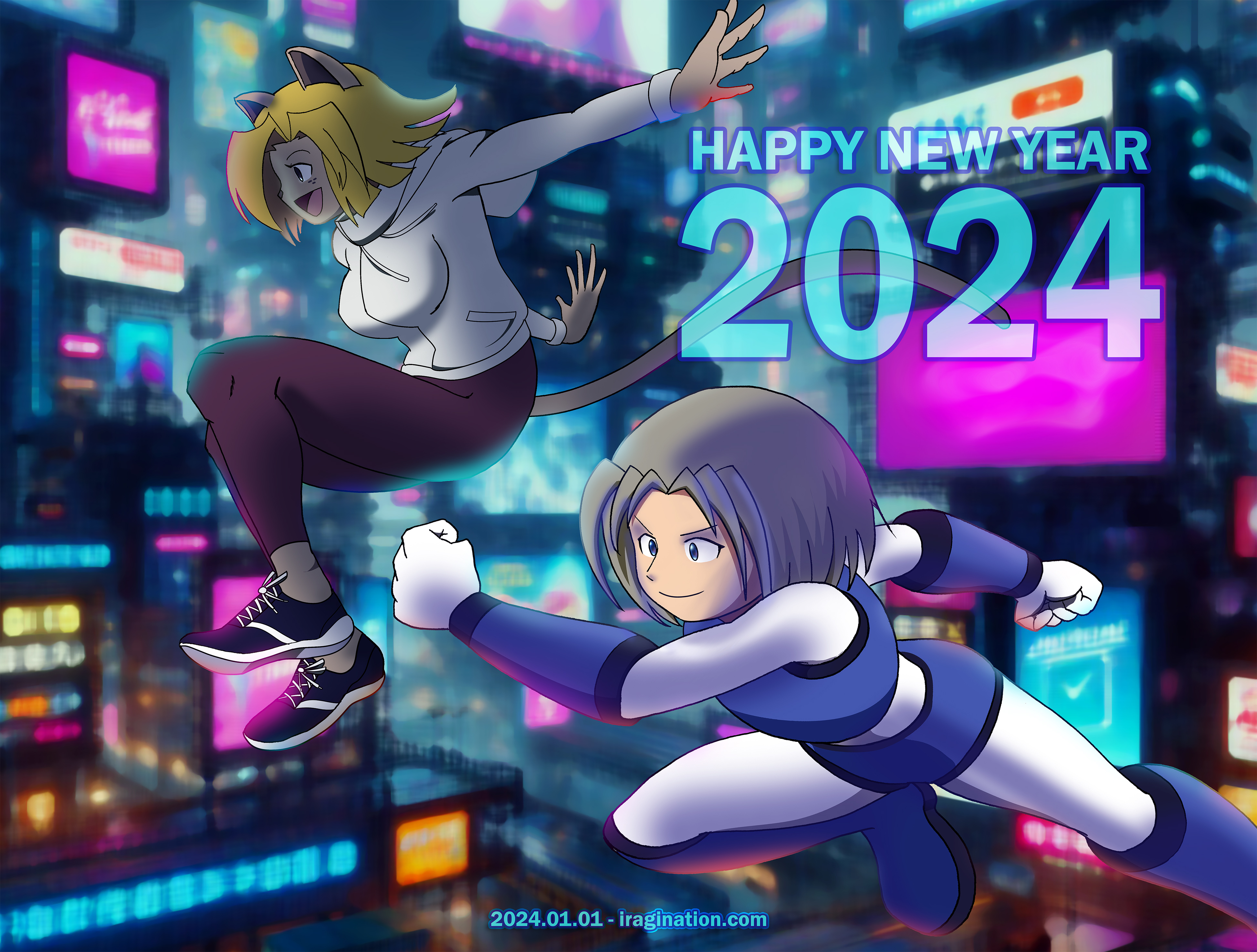 Happy New Year 2024
Just so you know, the background is AI-assisted.

It has been an interesting year in terms of AI-assisted content creation. Generating this type of background is incredibly helpful and it's exactly what I need. This allows me to prioritize my main interest, which is drawing characters.

However, I don’t believe this is an excuse to neglect studying and practicing all other aspects of art, especially if one wants to improve. Fundamental skills like perspective, anatomy, composition, and color theory are always relevant. I still have a lot to read and experiment in these areas.

[b]References[/b]
[url=https://www.bing.com/images/create/cyberpunk-landscape-with-many-billboards-with-fake/1-658f8d69eee447e09bbd5df487b8f194?id=mZM1DKCzfgM2v3MU33XTNw%3d%3d&view=detailv2&idpp=genimg&FORM=GCRIDP&mode=overlay]Bing Image Creator[/url]

Leika and Delia © IRAGINATION
Keywords: delia leika