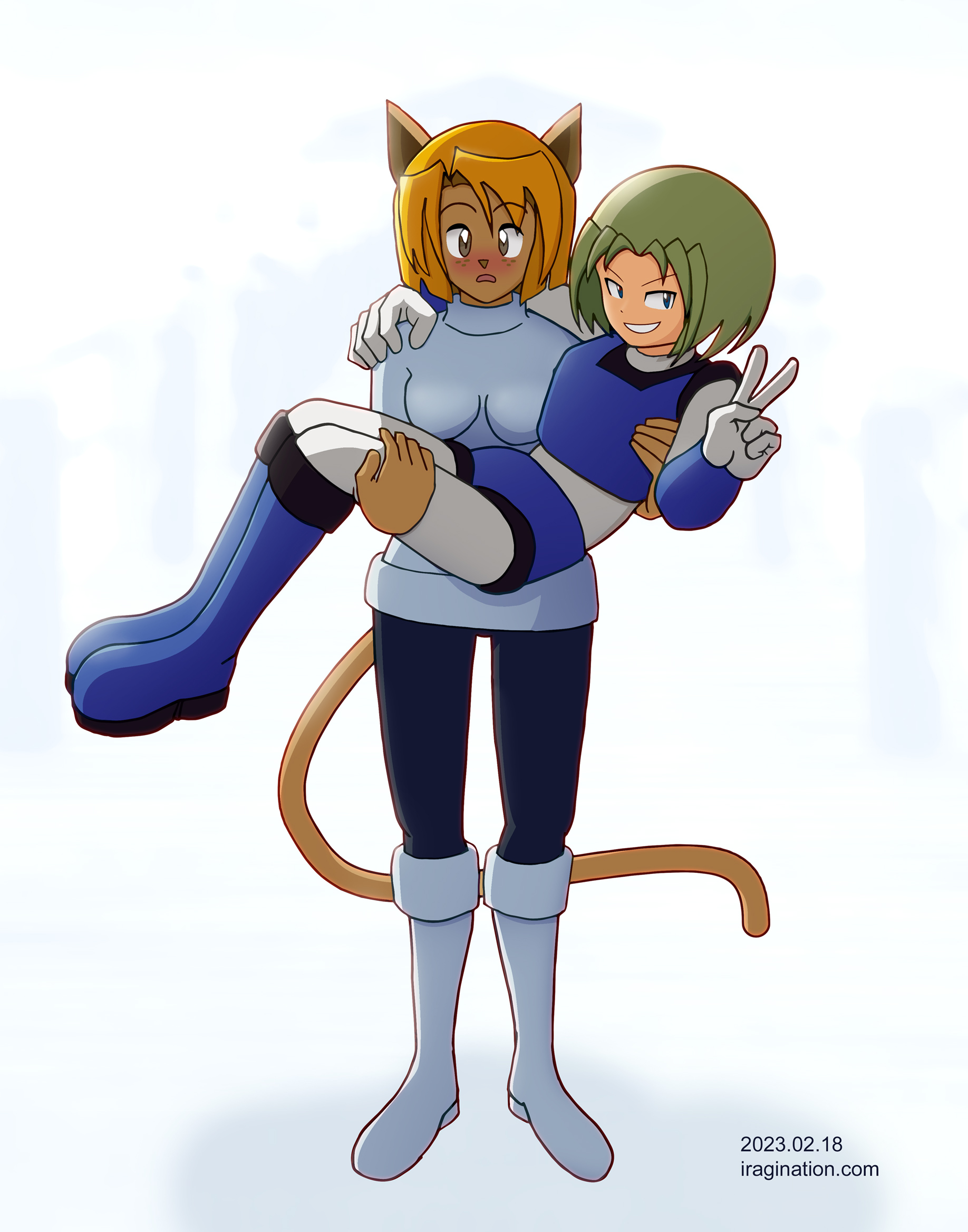 Delia and Leika - Valentine 2023
This came out while I was doodling for Valentine's ideas and as an exercise for drawing characters together. As usual, I don’t know why Leika looks startled and how she got to princess carry Delia in the first place. Delia does not seem bothered about it and is actually quite happy to have this memory.

Delia and Leika © IRAGINATION
Keywords: delia leika