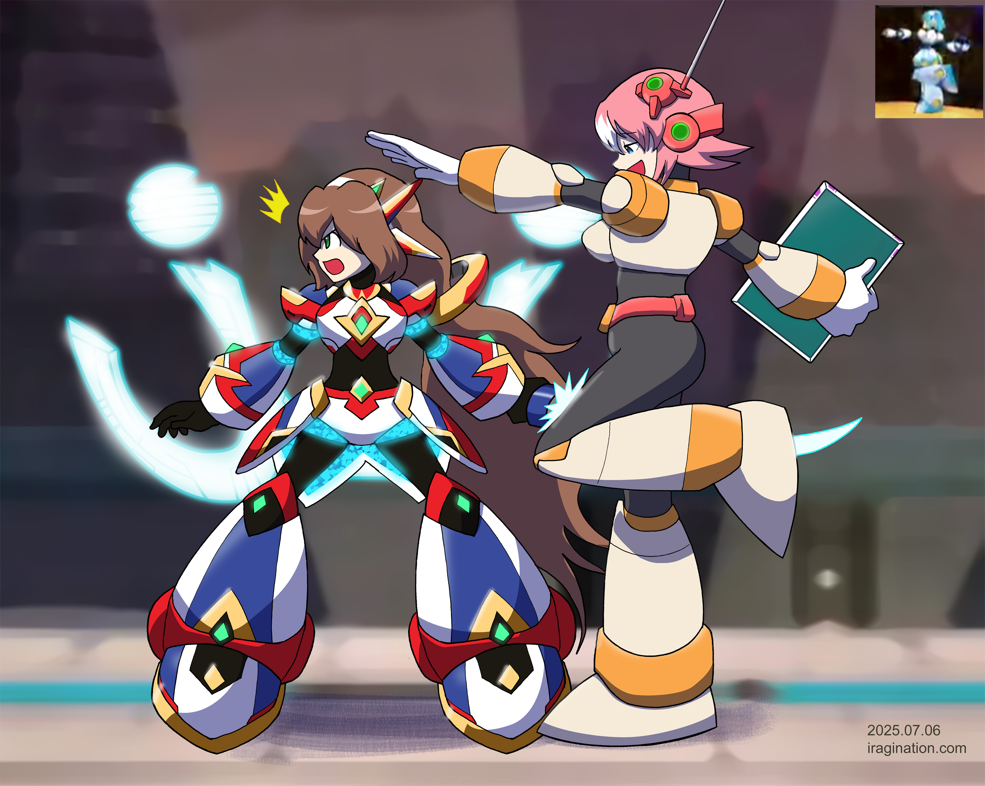 DiVE Armor Iris and Nana
[b]Iris[/b] is spotting some enemy off-screen. I will let you fill in what [b]Nana[/b] is doing.

I thought I had a screenshot like this somewhere in my files, but I guess I am remembering wrong.

Added capture of [b]RiCO[/b] as reference for Nana’s pose.

Mega Man X DiVE © CAPCOM
Keywords: iris nana