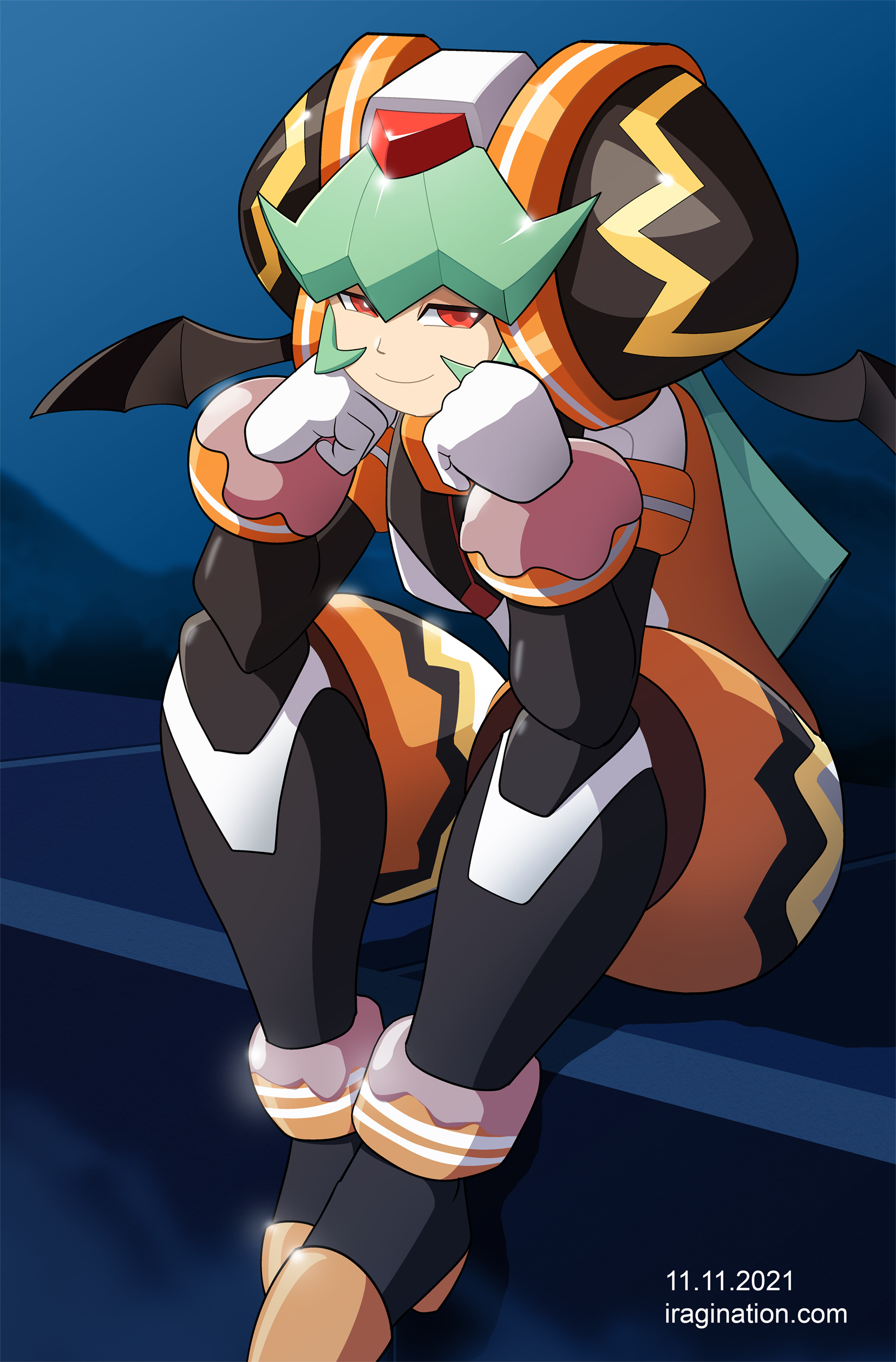Halloween Pandora - Rockman X DiVE
Here’s [url=https://www.facebook.com/CAPCOM.RXD/posts/848017009227723]Halloween Pandora[/url] from the 2021 Rockman X DiVE Halloween Event.

I don’t think I have drawn Pandora before. I shied away because these helmets are rather difficult to get right. Kind of the same problem when trying to draw [url=https://www.iragination.com/illust/displayimage.php?pid=318]Isoc’s[/url] helmet. 

And apparently having her smile is kind of a big deal (not sure why; she giggles a lot in-game), so there you go. The initial sketch came up kind of nice, so I decided to color it.

[b]Blog post[/b]
Pandora is boss character from the Mega Man ZX/ZX Advent games, which released around 2006/2007. I did not have the opportunity to play those games at all. I consider them at the tail end of the steady Mega Man game releases of that era. 

They were released exclusively for the Nintendo DS consoles, so you had to invest in that platform if you wanted to play them. Learning that the series ended in an unresolved cliffhanger did not help me to decide to pick it up either. It is only recently thanks to the [url=https://www.megaman-zzxlc.com/]Mega Man Zero/ZX collection[/url] that I could take a look to these games. Now I just don’t have time to play them, which I find hilarious. At least I caught up with the storyline.

Keywords: pandora