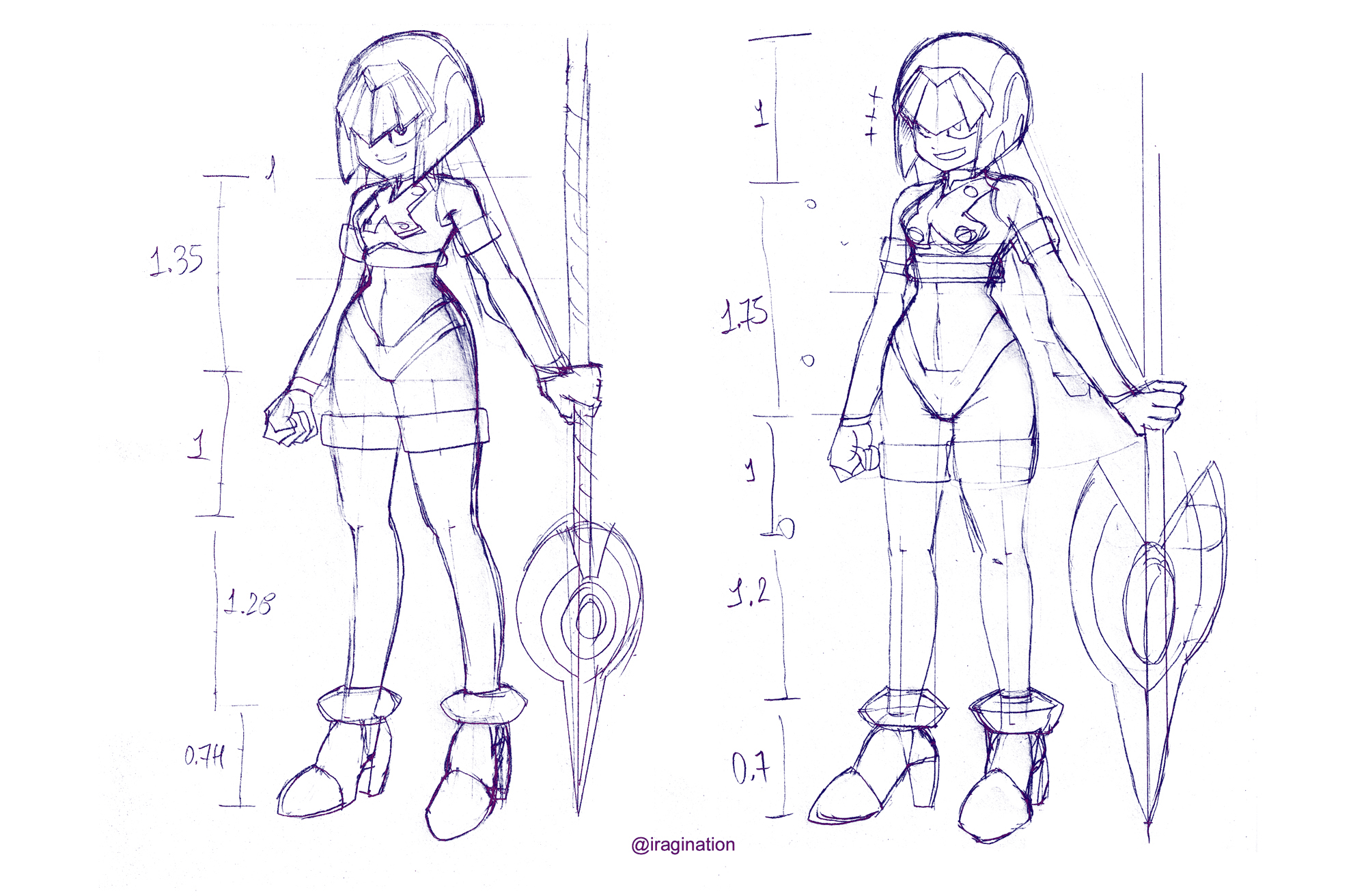 Leviathan - Style comparison
This is a small study I did on proportions. The legend on the vertical segments indicate the length relative to the height of the head.

The sketch on the left is based on the proportions of her official artwork and 3D model. To do this I literally have to place a ruler on top of the artwork displayed on my screen. This way I can make some calculations to transport the proportions to a new image in a different pose.

The sketch on the right is what I’d probably do based on my current style at the time of this writing. I was really curious and wanted to see how they’d look placed side by side.

Mega Man Zero © CAPCOM

[b]References[/b]
[url=https://megaman.fandom.com/wiki/Fairy_Leviathan?file=Mega_Man_X_DiVE_Hunter_Program_Leviathan.png#Gallery]Leviathan Mega Man X DiVE artwrok[/url]
Keywords: leviathan