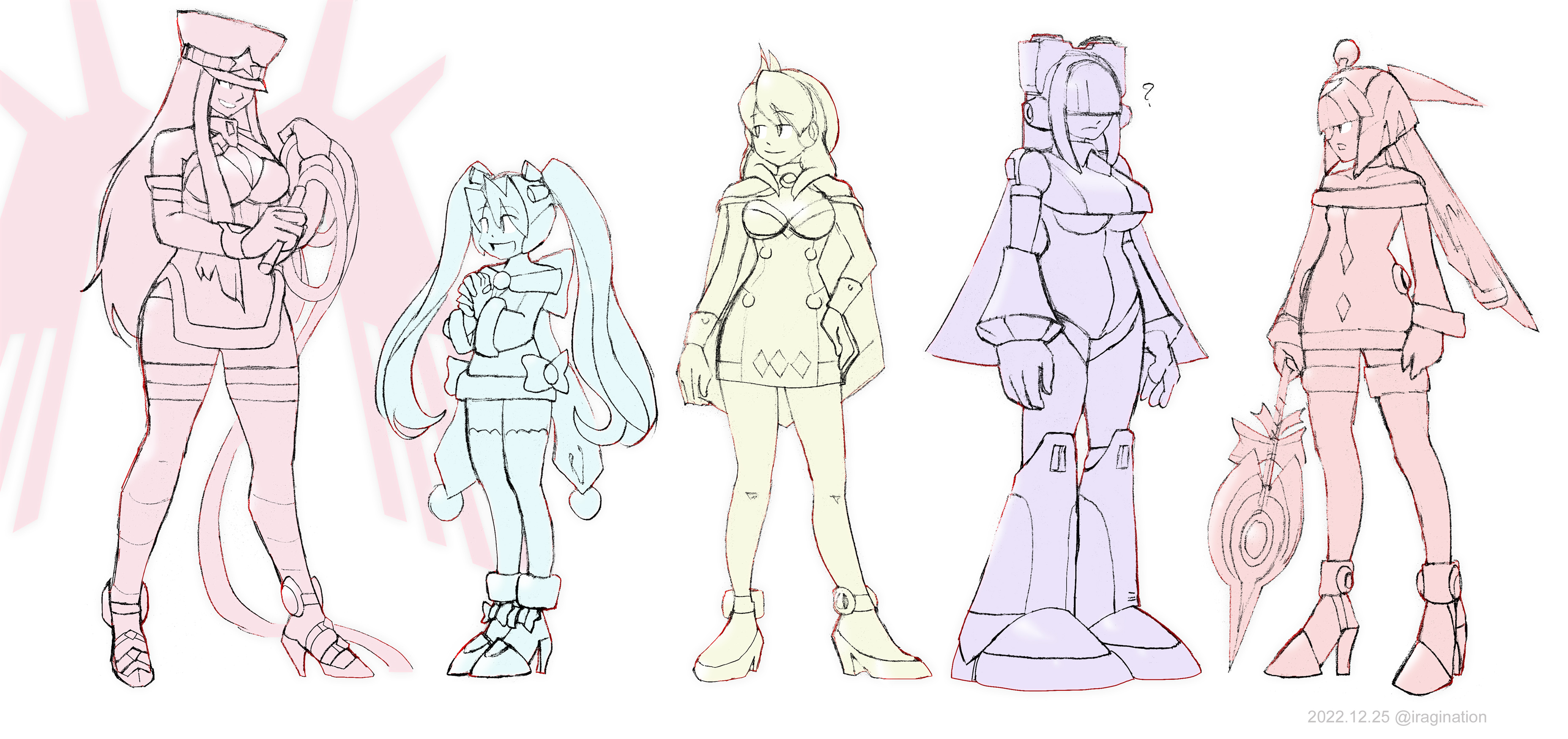 Mega Man X DiVE Girls Sketches – Part 2
From left to right:

- Christmas Ferham
- Christmas Ciel
- White Day Alia
- Layer
- Christmas Leviathan

This is a follow-up of my [url=https://www.iragination.com/illust/displayimage.php?pid=583#top_display_media]previous post[/url]. Continuing with my study of the relative size of the Mega Man X DiVE 3D models, I also used this opportunity to draw some characters that I have not drawn before: [b]Christmas Ferham[/b] and [b]White Day Alia[/b]. 

It’s funny how [b]Ciel[/b] came out really short, at least compared to [b]Leviathan[/b], whose height I estimated to be about the same. Even by making some adjustments, I tried not to deviate too much from the models just to see what would happen. Maybe I just took the wrong measurements.

Mega Man X DiVE © CAPCOM
Keywords: ferham ciel alia layer leviathan