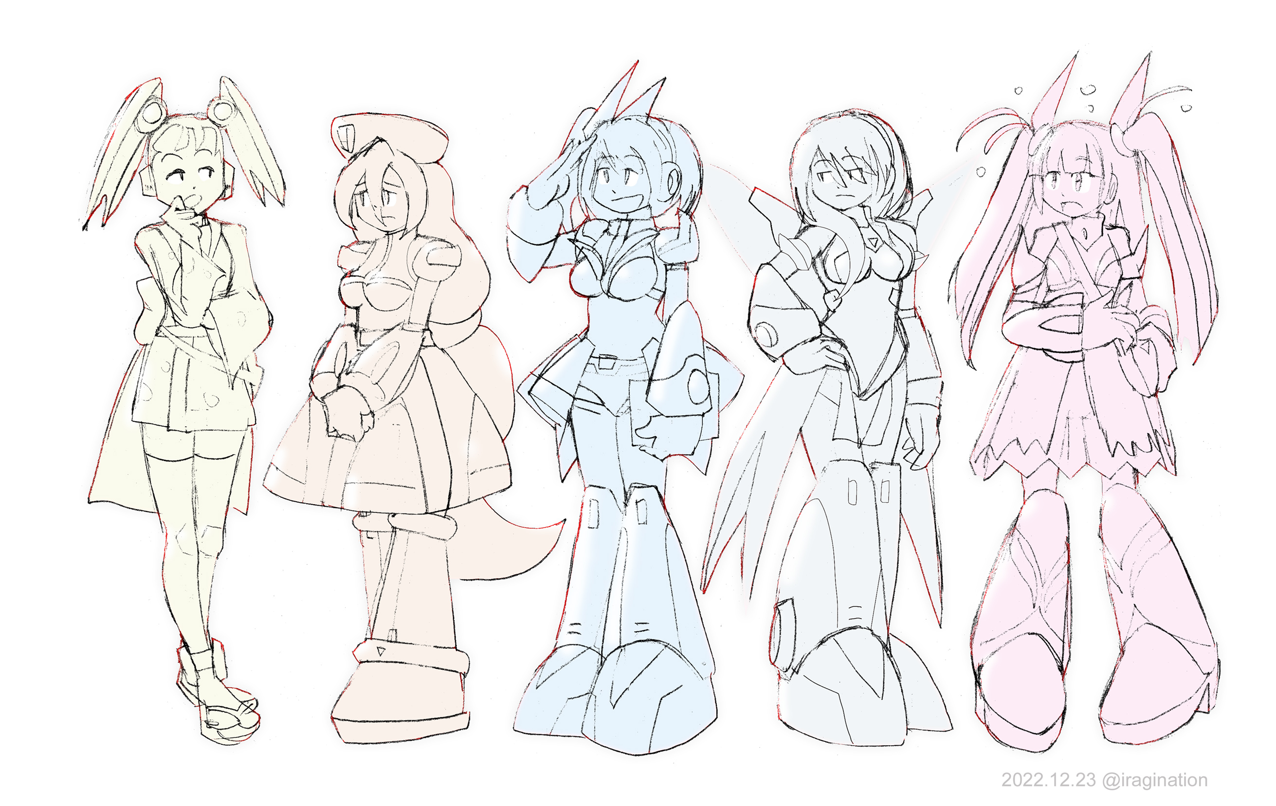 Mega Man X DiVE Girls Sketches
From left to right:

- Yukata Pallette
- Iris
- RiCO
- iCO
- Droitclair

For this quick study, I was looking at the relative size of the Mega Man X DiVE 3D models. Some results were kind of surprising, so not sure what to make of it.

Mega Man X DiVE © CAPCOM
Keywords: pallette iris RiCO iCO droitclair