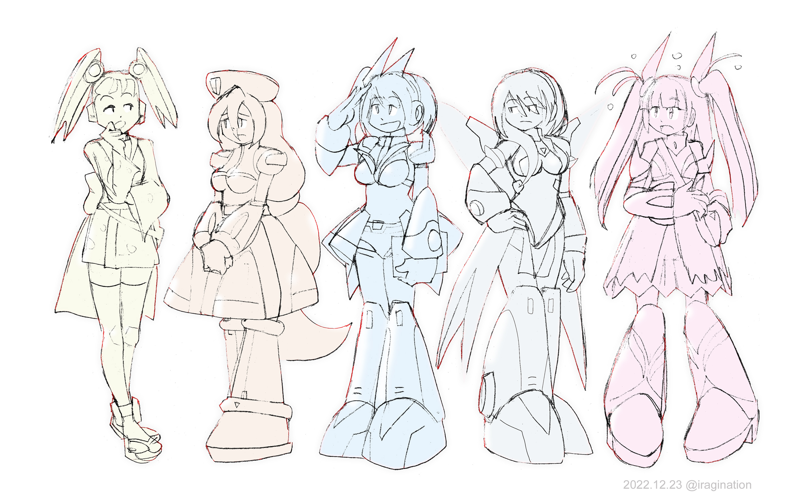 Mega Man X DiVE Girls Sketches
From left to right:

- Yukata Pallette
- Iris
- RiCO
- iCO
- Droitclair

For this quick study, I was looking at the relative size of the Mega Man X DiVE 3D models. Some results were kind of surprising, so not sure what to make of it.

Mega Man X DiVE © CAPCOM
Keywords: pallette iris RiCO iCO droitclair