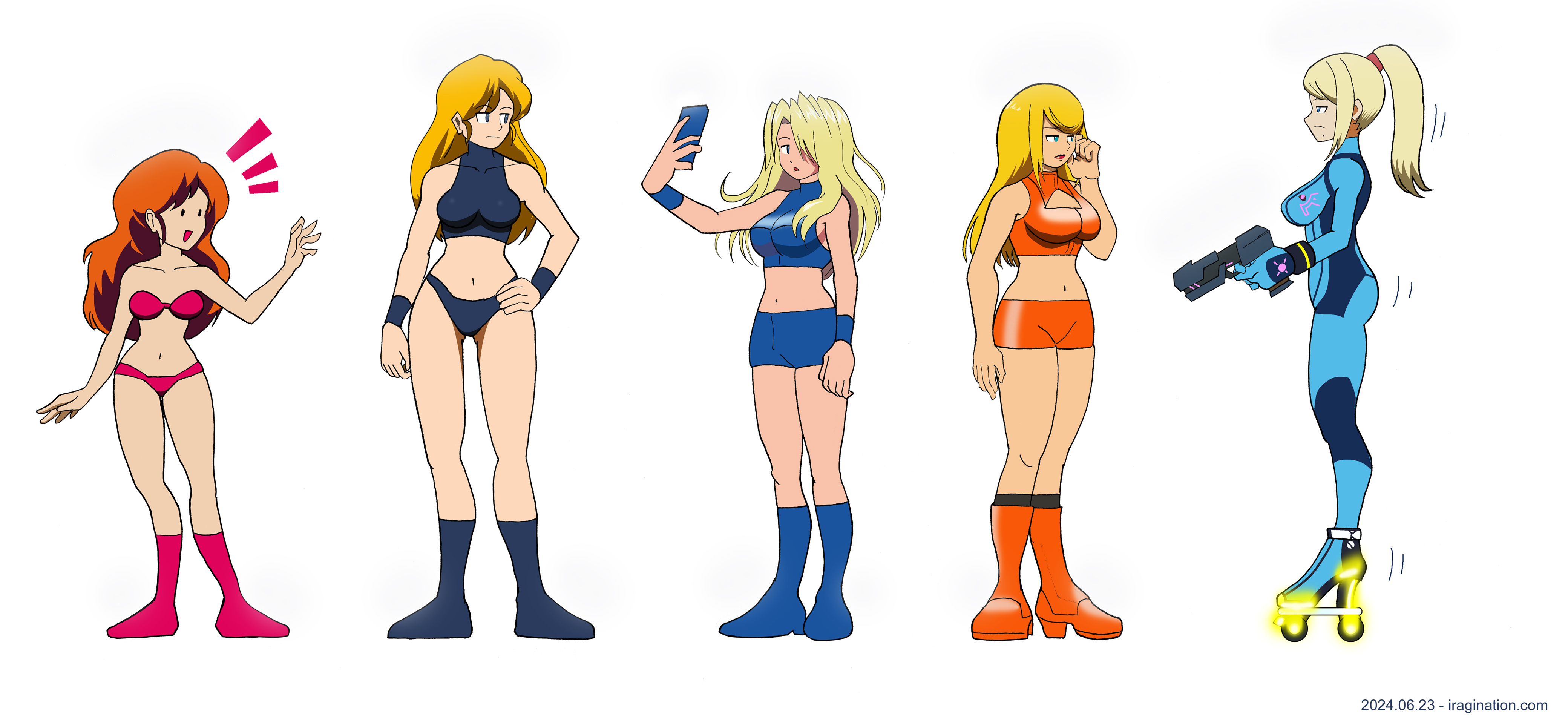 Samus Aran Designs
A small selection of Samus Aran designs over the years.

I remember when [url=https://www.youtube.com/watch?v=nFbDmTjS_MI]the first [b]Metroid Prime 4[/b] [i]trailer[/i][/url] was revealed back in 2017, in a Nintendo Direct presentation. It was just a logo, and then the show continued with the discussion of other upcoming titles for the Nintendo Switch. 

That was a little underwhelming. One would expect a more substantial trailer from a soon-to-release game. I suspected Nintendo was trying to ramp up sales for the Nintendo Switch, a new console at the time, out of hype and promises without being too specific as to the actual state of the game. Based on the realities of software development projects, jokingly, I commented to some friends, don’t expect this game to release any time sooner than 2022. 

It turned out that my pessimistic prediction was actually quite generous.

That’s behind us now, and the project is back on track. A [url=https://www.youtube.com/watch?v=mMAgmdR8jwU]more recent trailer[/url] now states [b]Metroid Prime 4[/b] will launch in 2025. Previously we had [b]Metroid Dread[/b], which was a fine game in its own right, and [b]Metroid Prime Remastered[/b], a remake of the original [b]Metroid Prime[/b] for GameCube. These are not trivial projects in hindsight, so the Metroid franchise has fared rather well on the Nintendo Switch, at least recently.

The image of Samus on the far right is a new iteration of [url=https://www.iragination.com/illust/displayimage.php?pid=500]Roller Skates Zero Suit Samus[/url]. At the time, when I drew that image, her most recent design was the one from [b]Super Smash Bros for Wii U[/b], and no Metroid games were in sight. And while those times were dire, I still find those boots amusing. I guess she’ll keep rocking those roller skates for now.

Metroid © Nintendo
Keywords: samus metroid