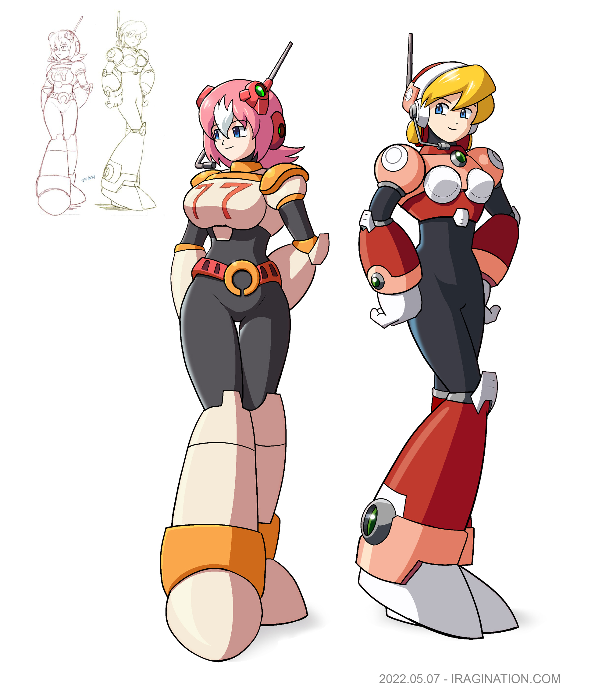 Nana and Alia
Following up my [url=https://www.iragination.com/illust/displayimage.php?pid=560]previous post[/url], this is another retrace of an old sketch I did many years ago. For this one, I bumped up the resolution and did some considerable rendering.

[b]Mega Man X Command Mission[/b] was released before [b]Mega Man X8[/b], so I guess that when I drew this, I only had Alia’s design from X5 to X7 as a reference. Not sure what the idea of this illustration was. I guess I wanted to put together the top known Mega Man X navigators at that time.

As you can see from the original sketch on the top left, Alia came up almost exactly the same, but Nana was much shorter, so I made some adjustments. I guess she should be at least as tall as Pallette, but I still see her shorter than Alia. Not sure by how much, though. At some point, Alia was taller than X if you follow the official X5 art to the letter. 

One could argue forever if these two characters could have possibly met with these particular appearances. Maybe Alia already had her X8 style by the time of the events of Mega Man X Command Mission. Depending on how permanent that style is, this scene would be possible or not. At least Rockman X DiVE has shown how flexible Reploids are at changing their outfit.

Mega Man X (C) CAPCOM

Keywords: nana alia