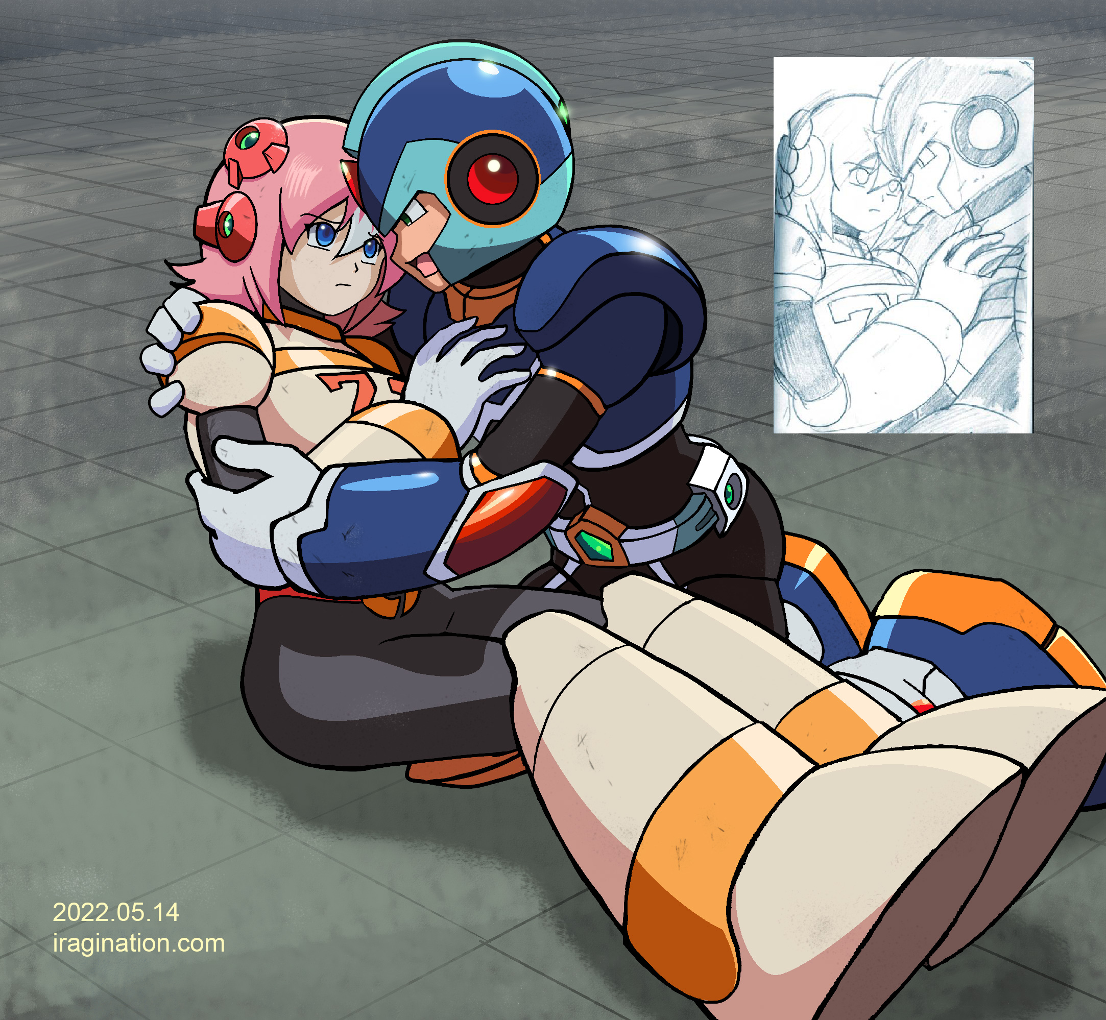 Nana and X
This is another redraw exercise based on a sketch I did many years ago. I remember I did those sketches based on the promotional material that was available back then when [b]Mega Man X Command Mission[/b] was announced. Meaning that I had no idea what the plot of the game was going to be. So, I assume I was looking forward to a close relationship developing between [b]X[/b] and [b]Nana[/b]. You know, [url=https://en.wikipedia.org/wiki/Shipping_(fandom)]shipping[/url].

That happened little in the end beyond the usual ambiguity you'd expect from CAPCOM games. Even so, I guess I could map this scene to the events right after the battle with [b]Silver Horn[/b]. 

In hindsight, I find it funny how after that boss battle, there is no exchange between Nana and the party members who just rescued her. She goes straight to her navigator job in the next chapter. 

What a wasted opportunity. We don’t get to see X succeeding in saving a female protagonist very often, and the poor girl must have been terrified of the whole ordeal. The plot decided instead to focus on Massimo’s confidence crisis. BTW, you could assume [b]Spider[/b] and [b]Massimo[/b] are somewhere behind them off-screen.

Ok, so this was a much more complex exercise since I took that original close-up sketch and essentially drew everything around it to complete the scene. I learned a couple of new tricks that I plan to keep exploring. It is always fun to try new things.

[b]Previous Entries[/b]

[url=https://www.iragination.com/illust/displayimage.php?pid=560]Nana[/url]

[url=https://www.iragination.com/illust/displayimage.php?pid=561]Nana and Alia[/url]

Mega Man X (C) CAPCOM

Keywords: nana x