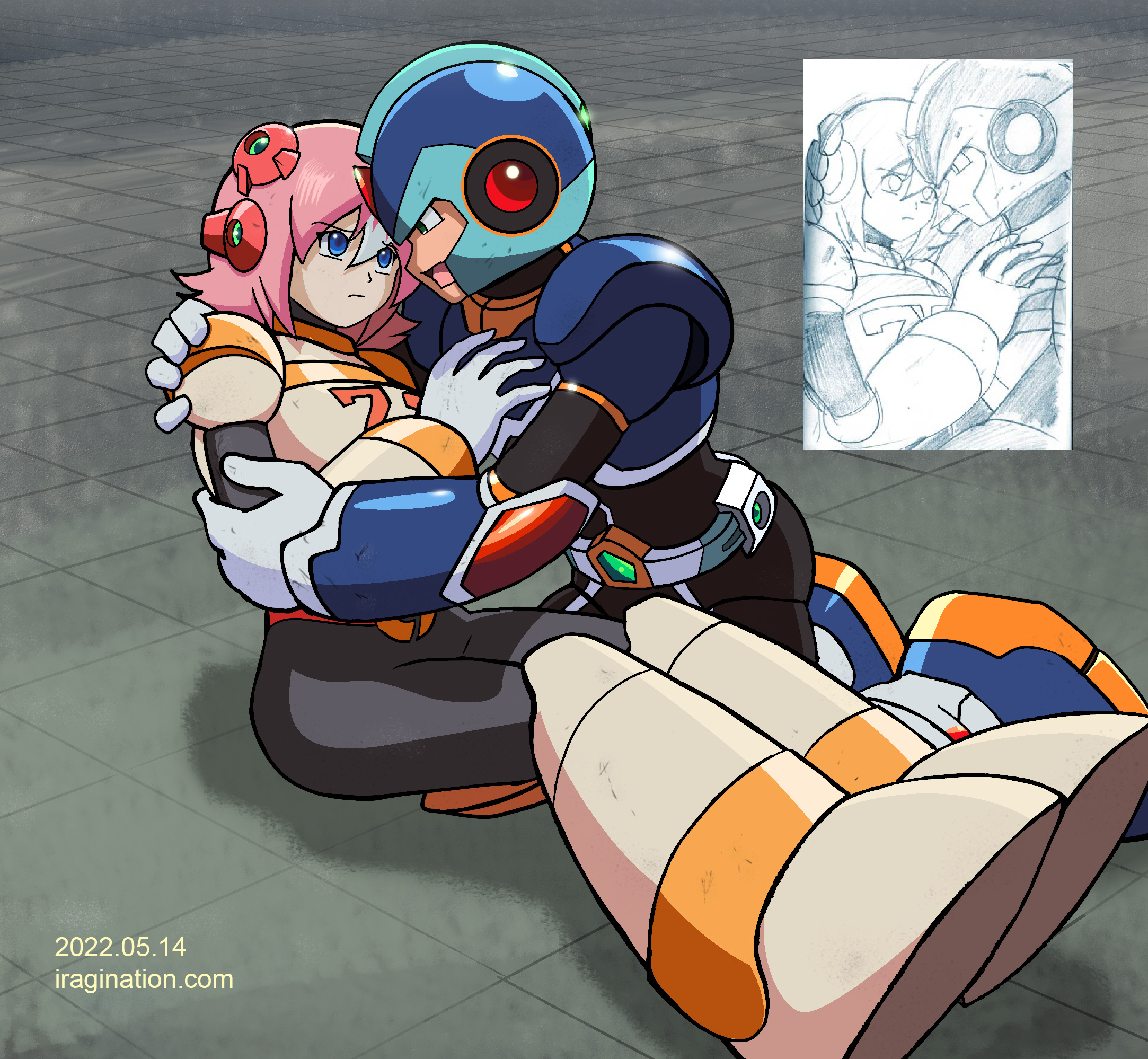 Nana and X
This is another redraw exercise based on a sketch I did many years ago. I remember I did those sketches based on the promotional material that was available back then when [b]Mega Man X Command Mission[/b] was announced. Meaning that I had no idea what the plot of the game was going to be. So, I assume I was looking forward to a close relationship developing between [b]X[/b] and [b]Nana[/b]. You know, [url=https://en.wikipedia.org/wiki/Shipping_(fandom)]shipping[/url].

That happened little in the end beyond the usual ambiguity you'd expect from CAPCOM games. Even so, I guess I could map this scene to the events right after the battle with [b]Silver Horn[/b]. 

In hindsight, I find it funny how after that boss battle, there is no exchange between Nana and the party members who just rescued her. She goes straight to her navigator job in the next chapter. 

What a wasted opportunity. We don’t get to see X succeeding in saving a female protagonist very often, and the poor girl must have been terrified of the whole ordeal. The plot decided instead to focus on Massimo’s confidence crisis. BTW, you could assume [b]Spider[/b] and [b]Massimo[/b] are somewhere behind them off-screen.

Ok, so this was a much more complex exercise since I took that original close-up sketch and essentially drew everything around it to complete the scene. I learned a couple of new tricks that I plan to keep exploring. It is always fun to try new things.

[b]Previous Entries[/b]

[url=https://www.iragination.com/illust/displayimage.php?pid=560]Nana[/url]

[url=https://www.iragination.com/illust/displayimage.php?pid=561]Nana and Alia[/url]

Mega Man X (C) CAPCOM

Keywords: nana x