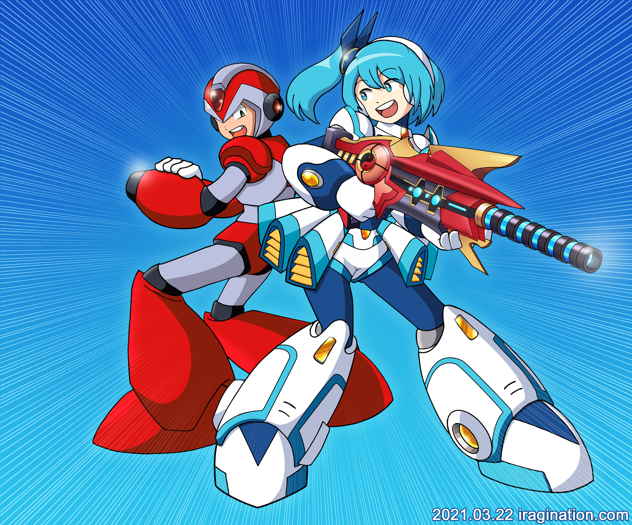RiCO and X (Rising Fire Ver.) - Rockman X DiVE
[url=https://www.facebook.com/CAPCOM.RXD/posts/719754638720628]RiCO became a playable character[/url] in Rockman X DiVE. During the event released for this update, she was extremely happy of announcing this new development. I wanted to convey with her expression the excitement of finally becoming a Hunter Program.

The weapon she's carrying is called the [url=https://www.facebook.com/CAPCOM.RXD/posts/576378516391575]Savage Tusk of Thunder[/url]. It was released last year. I don't have it myself, but for some reason, she's using it during the demonstration video, so I wanted to give it a go at drawing it. Design-wise some of these weapons are quite intimidating and I'd rather avoid drawing them, but this one was something in between and I did not want to put some hand-drawn rushed artwork so I worked on it on Illustrator.

In this update, they also released a new A rank Hunter Program called [i]X (Rising Fire Ver.)[/i]. I don't remember drawing a palette-swap of X before, so perhaps this is the first time. For me, X is the banner character of this game alongside RiCO, so I think this was a nice combination for this anniversary update. Player-san or X, you decide!
Keywords: rico x