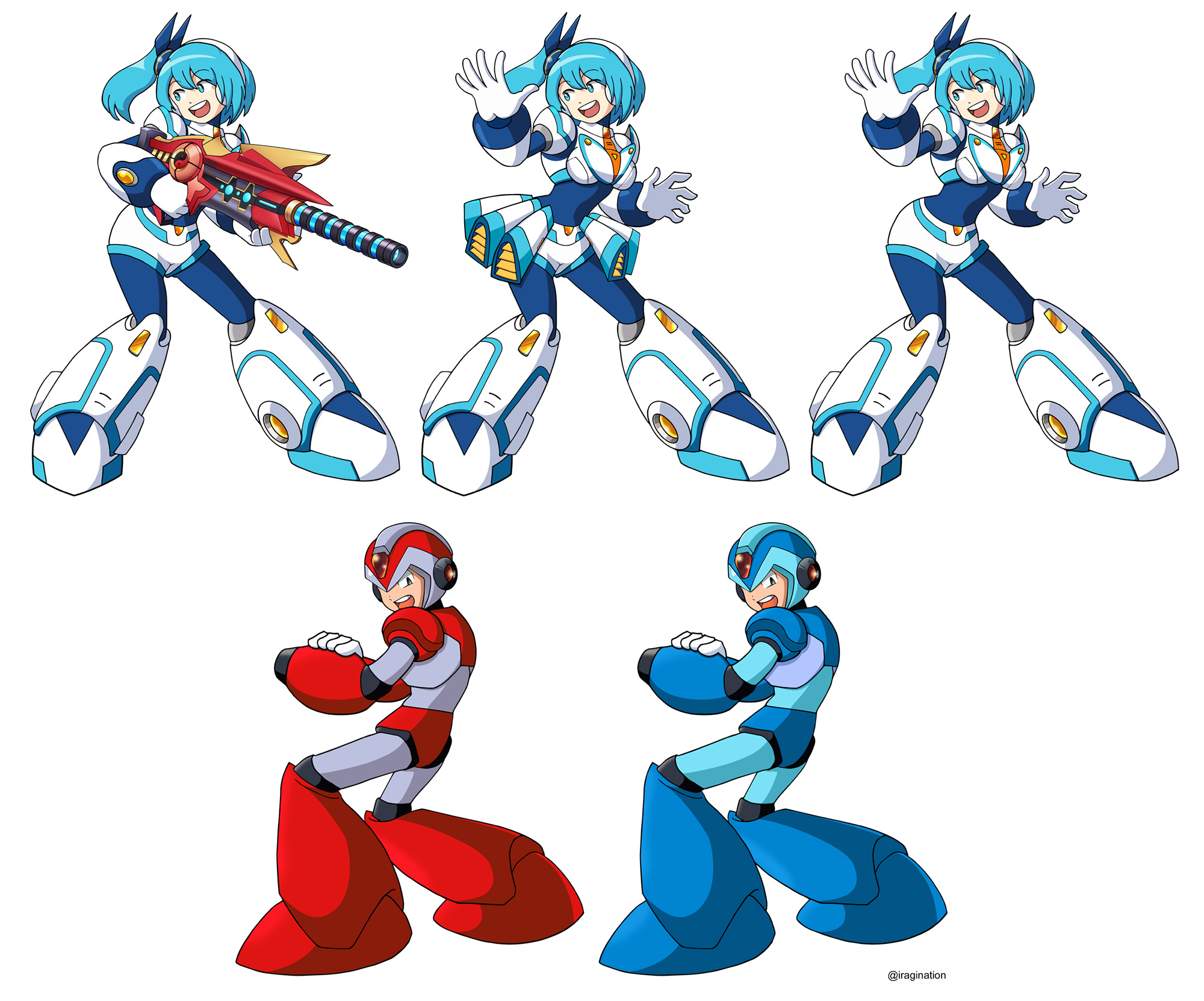 RiCO and X - Color and pose variants - Rockman X DiVE
Here are some alternate versions of RiCO and X I exported from my [url=https://www.iragination.com/illust/displayimage.php?pos=-534]previous post[/url].

I drew RiCO based on the [url=https://www.facebook.com/CAPCOM.RXD/photos/gm.535278447310289/410715786291183/]example[/url] posted by the development team some time ago, where you can switch on and off parts. Since the weapon covers a good deal of her, I guess I did not want you guys to miss how she looked without it.

For X I just used some Photoshop layer effects to create the original and the Rising Fire Ver. color scheme. 

Keywords: rico x