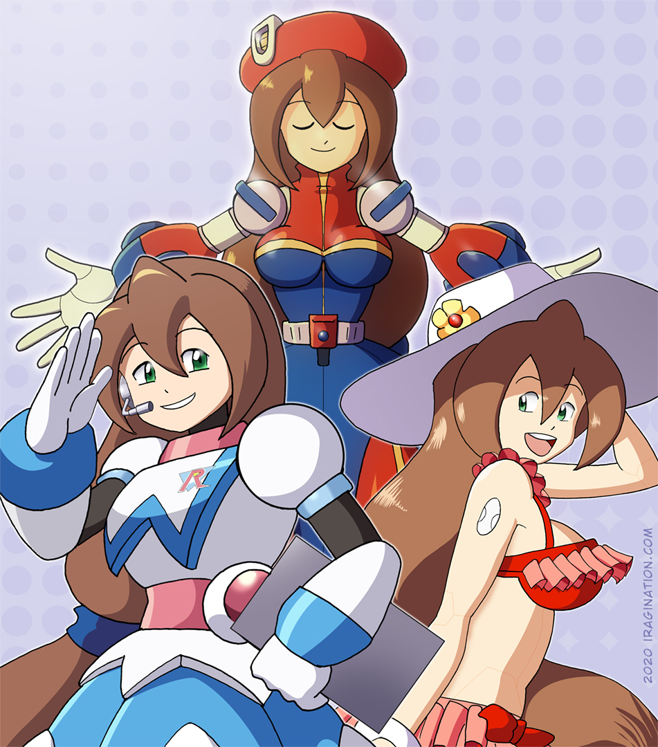 All of Iris - Rockman X DiVE
The [url=https://www.facebook.com/CAPCOM.RXD/posts/665429334153159]Iris College Style skin[/url] was recently announced for Rockman X DiVE. I did a quick sketch, and I liked the expression it came up with, so I thought I could squeeze some time and color it. The pose was not very original though, and you probably can find a very similar pose on the official Mega Man Xtreme 2 artwork this skin is based on. I did not trace, honest.

To spice things up a little bit I thought perhaps it would be nice if I put together all the Iris looks and outfits that the Rockman X DiVE developers have revealed so far (December 2020 as of this writing). 

So, we also have Swimsuit Iris and regular Iris. I wonder if this is the ghost of Iris, though. Not sure what I went for with this pose. After an initial slow year, perhaps she is just proud and happy of all the variants she's gotten in the game.

Keywords: iris