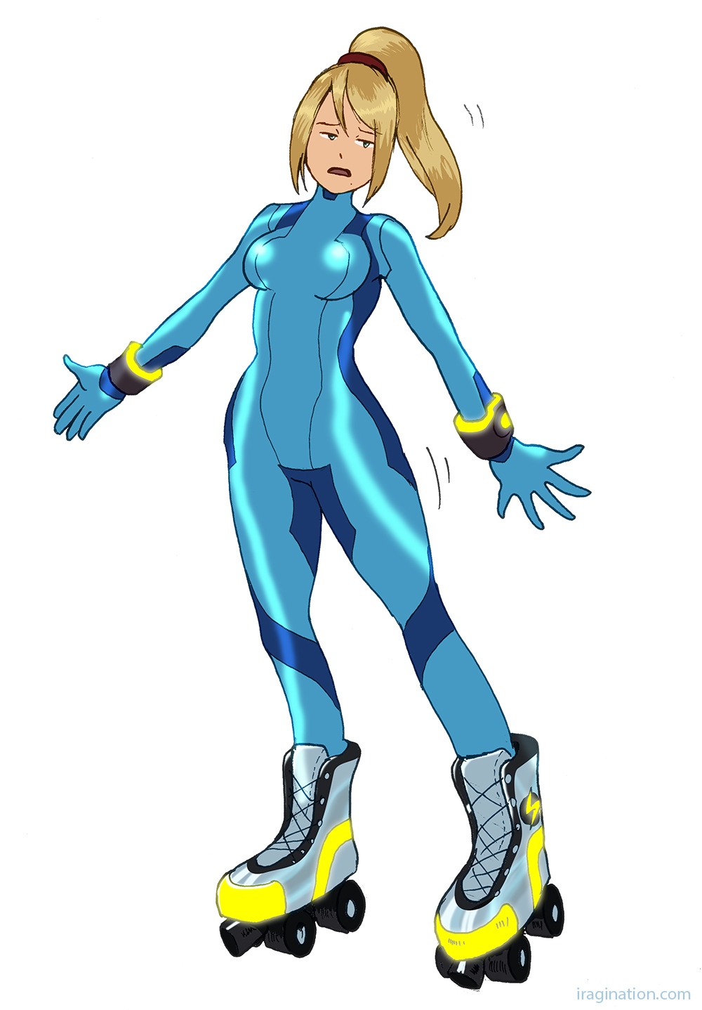 Roller Skates Zero Suit Samus
At E3 2018 there was no news about Metroid Prime 4. So I set out to draw Samus on roller skates because that's what those boots of hers look like to me most of the time. Hopefully, we'll get some news later this year or at the next E3.

Metroid (C) Nintendo.
Keywords: samus