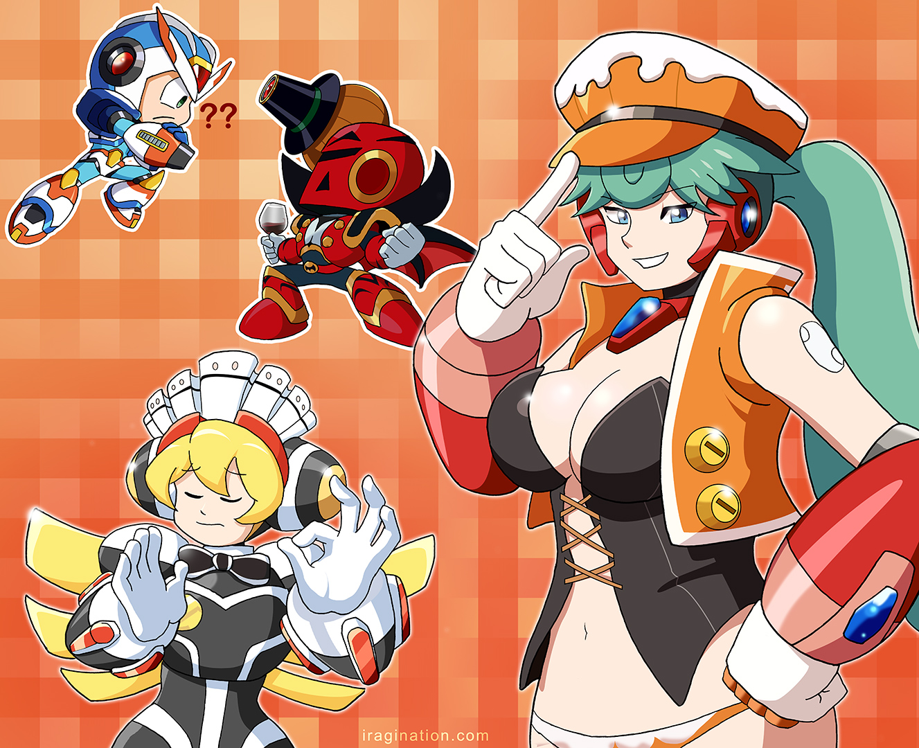 Rockman X DiVE - Halloween Event 2020- When the amount of fanservice is just right
Lots of things going on here. First of all, very little time to put this together appropriately but I tried my best.

I wanted to do something when the [url=https://www.facebook.com/CAPCOM.RXD/videos/2856472984585478]Third Armor[/url] was announced for Rockman X DiVE a few weeks ago. This armor is special for me since it is the last character I added to [url=https://www.iragination.com/2019/12/16/bass-abyss-1-0-9-mega-man-x-third-armor/]Bass Abyss[/url] last year. In the end, I could not finish anything or decided to focus on something else.

Then the Rockman X Dive team announced [url=https://www.facebook.com/CAPCOM.RXD/posts/637845700244856]Halloween Vile and Halloween Marino[/url]. Add in Iron Maiden Cinnamon, and I got this.

Third Armor vs Halloween Vile. Hopefully, you have recognized this pose from the Mega Man X5 opening. Vile's first appearance as an S character is not exactly what I expected. His Halloween look is so wacky that I decided to go full parody of that epic scene. Even X is dumbfounded by Vile's look.

Marino of course looks incredible. One has to wonder if we'd get to see these kinds of insights on Reploid anatomy in future mainline games. I know it is good fun for the team and anything goes, so I can join in the fun too.

So does [url=https://www.facebook.com/CAPCOM.RXD/posts/630616294301130]Iron Maiden Cinnamon[/url] who also was released recently. She definitely approves of Marino's design! Her gesture? Yep. It's a reference to some fragment of internet culture aka memes.

Keywords: marino cinnamon vile x