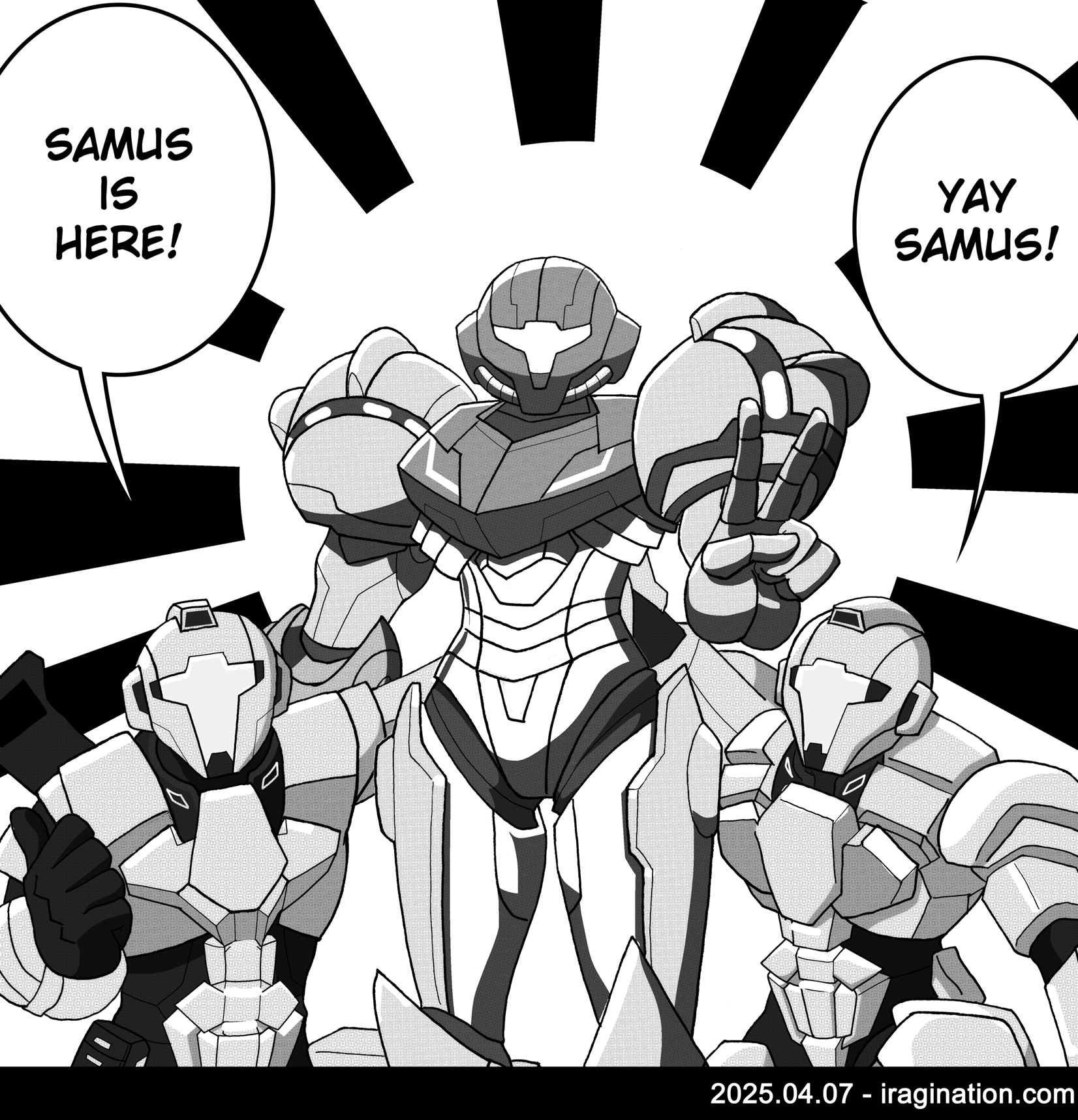 Samus is Here - Manga Version
Details and full color version [url=https://www.iragination.com/illust/displayimage.php?pid=622]here[/url].

Metroid © Nintendo
Keywords: samus metroid
