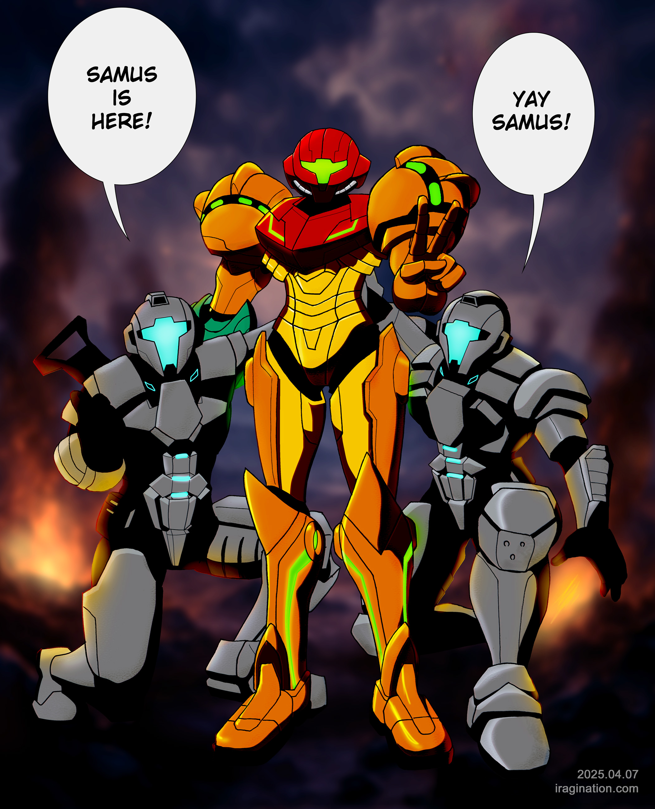 Samus is Here
This scene is based on a panel from the [b]Metroid[/b] manga/strategy guide published in 1986. You can see the relevant page [url=https://mangadex.org/chapter/1bcabb64-6172-4c0f-aef6-b8958b3fa7bb/6]here[/url].

As for the setting, Nintendo released a couple of trailers for the upcoming [b]Metroid Prime 4 Beyond[/b]. The [url=https://youtu.be/nmwAhBxakw4?si=2OkSzoS9IXLjV1CK]first trailer[/url] was kind of boring, but the [url=https://youtu.be/9W9xes7BZto?si=fmd7u6eP0tJaZy9l]second one[/url] had more action and more cinematic scenes. 

I’ve wanted to redraw the manga panel for a while, and this was a good occasion, based on the admiration the [b]G.F. troopers[/b] showed for [b]Samus[/b].

Check the manga version of this image [url=https://www.iragination.com/illust/displayimage.php?pid=621]here[/url]

Metroid © Nintendo
Keywords: samus metroid