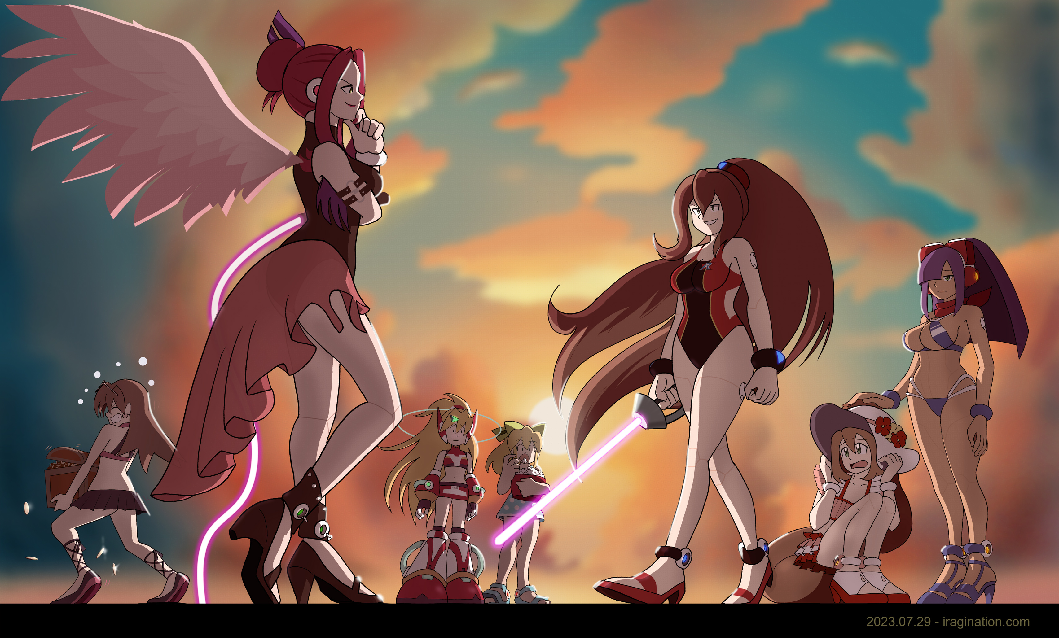 Settling The Last Scores
From left to right:

- Swimsuit Tron
- Swimsuit Ferham
- Swimsuit Ciel
- Swimsuit Roll
- Swimsuit Iris Another*
- Swimsuit Iris
- Swimsuit Layer

As the Mega Man X DiVE online service comes closer to an end, I thought about some plot threads I did not have time to develop further. This image, for example, could be considered a sequel to the little [url=https://www.iragination.com/illust/displayimage.php?pid=531]Valentine 2021 comic[/url] I did for that year. I will let you fill in the story details.

* There is no official Swimsuit Iris Another design. But since I saw some renditions online designed by several artists, I decided I might as well try my own for fun.

Mega Man X DiVE © CAPCOM

[b]References[/b]
[url=https://hotpot.ai/s/art-generator/8-tOj3JRS1C2Fujp8]Background assisted by AI[/url]
Keywords: Tron_Bonne ferham ciel roll iris layer