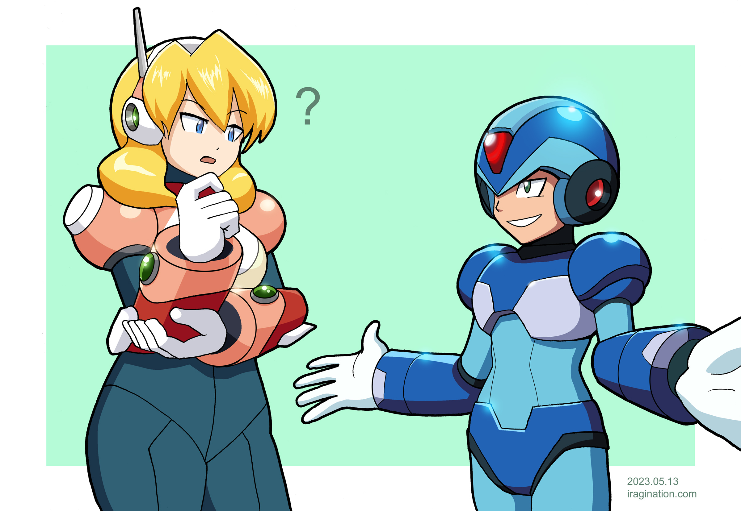 Smiling X
[b]X[/b] is based on the [url=https://www.animate.co.jp/onlyshop/489523/]Mega Man 35th[/url] anniversary artwork released along with some related merchandise. It is worth noting that he’s being depicted using his [b]Mega Man X8[/b] design, which has not been seen since perhaps 2004. 

I don’t remember any instance of promotional or in-game content of him smiling in that game. Such contrast with the original game made me wonder if this is the same X or some alternate version, even with a new personality. 

So, I put this design to the test, proportions and all, along with [b]Alia[/b] in a more classic style, and see how they fared together. For a better look of what I am talking about perhaps you should check the [url=https://www.iragination.com/illust/displayimage.php?pid=594]full body sketch[/url].

I guess we'll have to wait to see if the other Mega Man X characters get the same treatment, or if it's just a one-off commemorative design.

Mega Man X © CAPCOM
Keywords: x alia