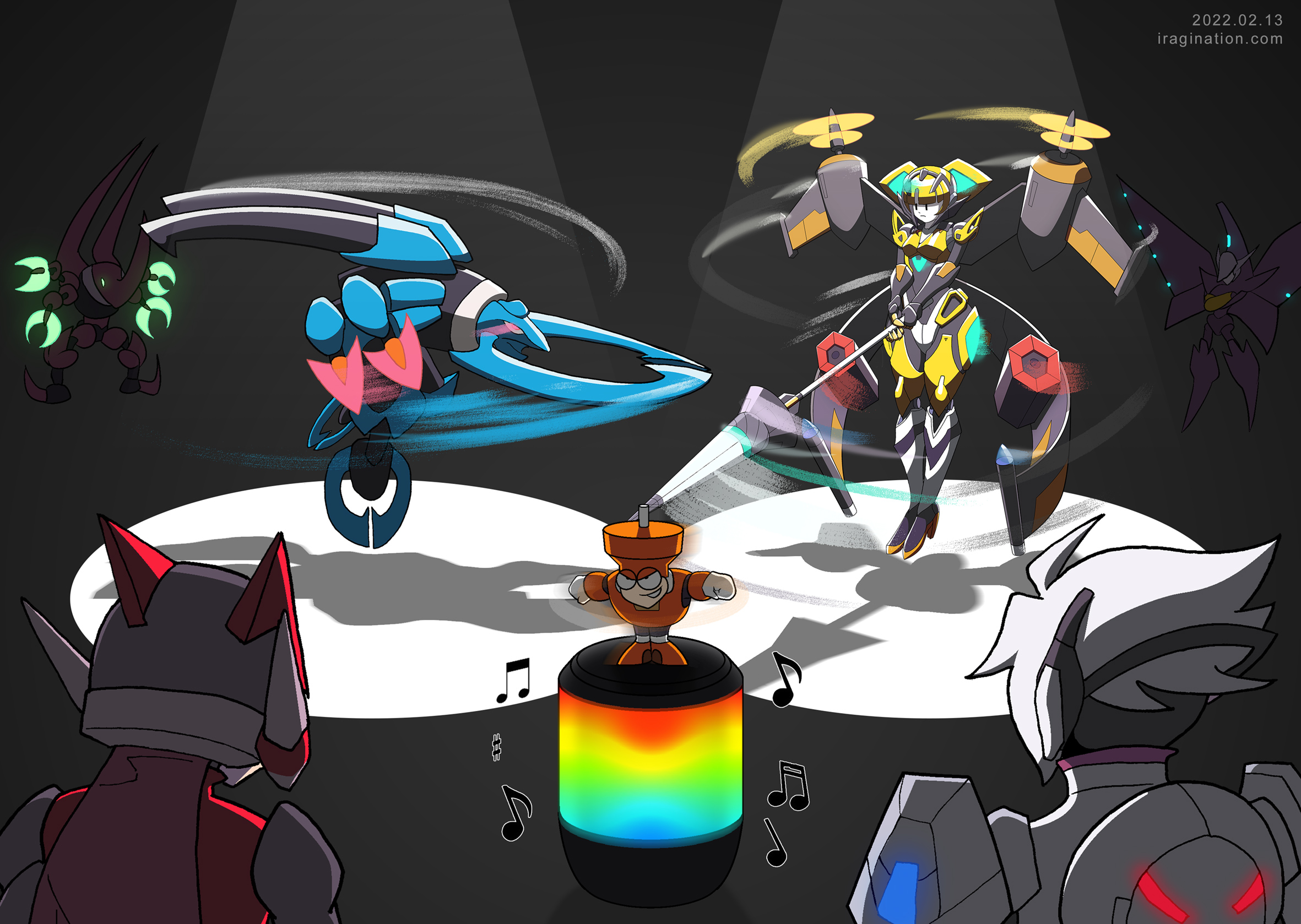 Spinning Vespa
[url=http://gunvolt.com/en/X2/characters/characters02.html#chara0202]Vespa[/url] is a boss character in [b]Gunvolt Chronicles: Luminous Avenger iX 2[/b]. The game was developed by [b]Inti Creates[/b], who also developed [b]Mega Man Zero 2[/b] back in 2003. 

[b]Spoilers ahead[/b]

Both games have a similar boss rush battle where two bosses team up to challenge you. Not only that but in both instances the bosses fatally crash into each other as a last resort to annihilate you.

But the amusing thing for me is how the bosses take turns to fight you. While one boss is actively fighting you, the other one is awkwardly spinning in the background waiting his/her turn to fight. What is this strategy called? 

It was okay the first time, but when you see it again in another IP by the same developer, you can’t help but have some little fun with it.

So, to celebrate I decided to put together these bosses in this training session, or whatever they are doing, rocking some [i]*Epic Boss Battle Remix*[/i] on that portable speaker. And I added [b]Top Man[/b] because why not?

[b]Some external videos I used as reference[/b]

[url=https://www.youtube.com/watch?v=_tVek3sVLeo]Beetle Bros [Mega Man Zero 2][/url]

[url=https://www.youtube.com/watch?v=S3DCe8iK-Lw]Vespachrome [Gunvolt Chronicles: Luminous Avenger iX 2][/url]

[url=https://www.youtube.com/watch?v=dpwdVnXNbBQ]Is the henchmen collision inspired by this? [TMNT Arcade 1989][/url]

Gunvolt series (C) Inti Creates. Mega Man (C) CAPCOM.
Keywords: vespa autochrome kuwagust_anchus herculious_anchus zero copen