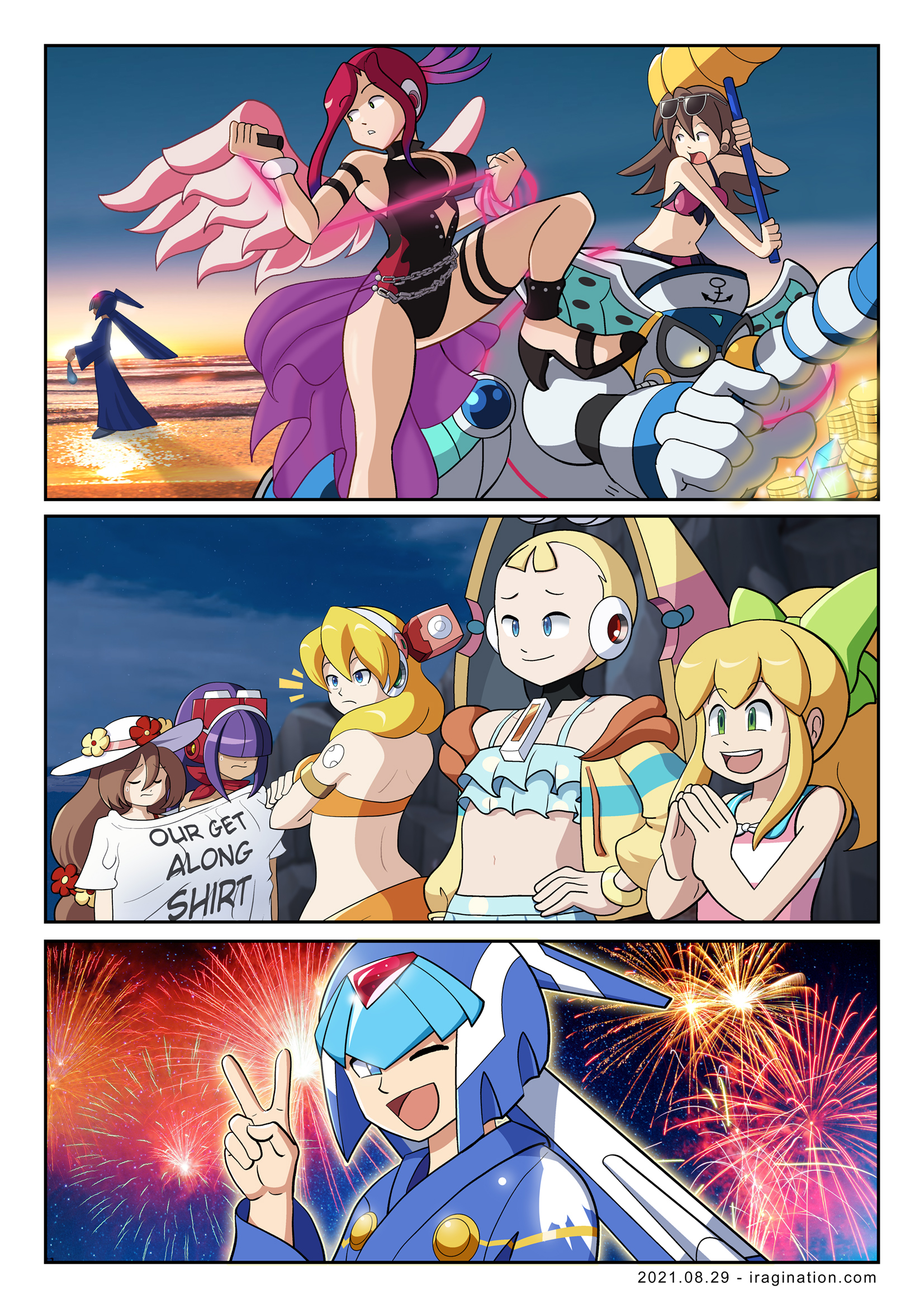 Summer Vacation / Fireworks and Lantern Festival 2021- Rockman X DiVE
I missed many Rockman X DiVE events during the summer. They showed up so quickly. [url=https://www.iragination.com/illust/displayimage.php?pid=521]Like last year[/url], at least I managed to make this illustration with some memorable moments. Overall, the game has delivered a lot of varied and interesting content.

With so many characters, this was a very challenging piece. But it was fun to draw and an excuse to test some new techniques.

[b]References[/b]
[url=https://www.facebook.com/CAPCOM.RXD/videos/879402822649085]Summer Treasure Hunt[/url]

[url=https://www.facebook.com/CAPCOM.RXD/videos/964662204315839]Swimsuit Pallette[/url]

[url=https://www.facebook.com/CAPCOM.RXD/posts/783102925719132]Swimsuit Roll â€“ Revamped version[/url]

[url=https://www.facebook.com/CAPCOM.RXD/posts/807850213244403]Festive Leviathan[/url]

[b]Photos[/b]
[url=https://www.pexels.com/photo/scenic-view-of-ocean-during-sunset-1032650/]1[/url] [url=https://www.pexels.com/photo/plants-under-starry-sky-355887/]2[/url] [url=https://www.pexels.com/photo/fireworks-photo-634694/]3[/url] [url=https://www.pexels.com/photo/light-red-new-year-s-eve-colorful-33253/]4[/url]

Keywords: ferham Tron_Bonne leviathan flame_mammoth iris layer alia pallette roll