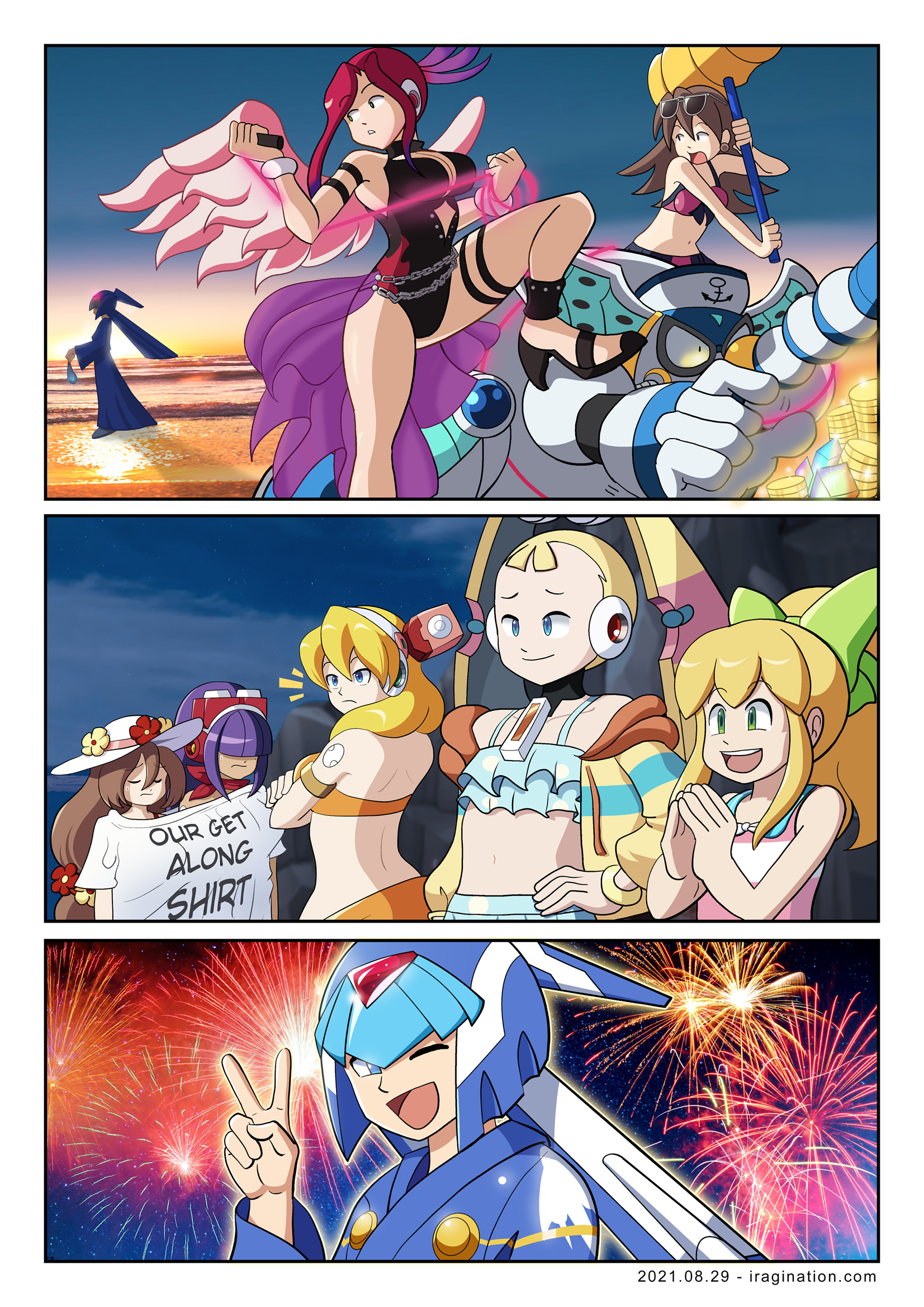 Summer Vacation / Fireworks and Lantern Festival 2021- Rockman X DiVE
I missed many Rockman X DiVE events during the summer. They showed up so quickly. [url=https://www.iragination.com/illust/displayimage.php?pid=521]Like last year[/url], at least I managed to make this illustration with some memorable moments. Overall, the game has delivered a lot of varied and interesting content.

With so many characters, this was a very challenging piece. But it was fun to draw and an excuse to test some new techniques.

[b]References[/b]
[url=https://www.facebook.com/CAPCOM.RXD/videos/879402822649085]Summer Treasure Hunt[/url]

[url=https://www.facebook.com/CAPCOM.RXD/videos/964662204315839]Swimsuit Pallette[/url]

[url=https://www.facebook.com/CAPCOM.RXD/posts/783102925719132]Swimsuit Roll - Revamped version[/url]

[url=https://www.facebook.com/CAPCOM.RXD/posts/807850213244403]Festive Leviathan[/url]

[b]Photos[/b]
[url=https://www.pexels.com/photo/scenic-view-of-ocean-during-sunset-1032650/]1[/url] [url=https://www.pexels.com/photo/plants-under-starry-sky-355887/]2[/url] [url=https://www.pexels.com/photo/fireworks-photo-634694/]3[/url] [url=https://www.pexels.com/photo/light-red-new-year-s-eve-colorful-33253/]4[/url]

Keywords: ferham Tron_Bonne leviathan flame_mammoth iris layer alia pallette roll