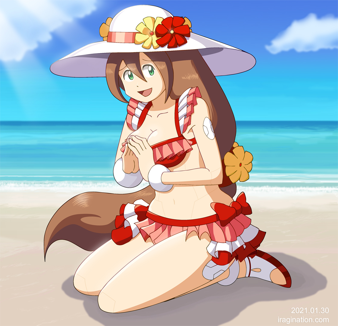 Swimsuit Iris
I had this sketched out since August last year, during the previous summer event, but it was peak busy time for me, and I could not complete it. This month, the Rockman X DiVE team [url=https://www.facebook.com/CAPCOM.RXD/posts/692258124803613]repeated the summer event[/url] sooner than I had expected, so this was a good time to complete this work.

I just noticed that Iris' hairstyle is significantly different in this design. I did notice that her hair was way longer, but paid not much attention to the change in her bangs and stick with the original design. Apparently, I am terrible at noticing these things and that always gets me in trouble. Next time I will take care of that.
Keywords: iris