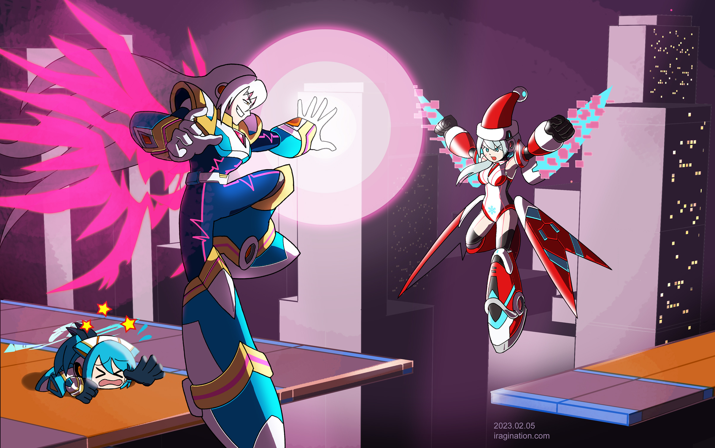 ViA■ vs Christmas iCO – PVP Showcase
[b]Mega Man X DiVE[/b] has released the finale of the story arc it started in 2019-2020. I began working on this illustration based on a trailer posted a few days before. So, this is a spoiler-free post to give everyone time to catch up with the ending event.

In the aforementioned [url=https://youtu.be/6na-yNq3MVA]trailer[/url], the poor [b]RiCO[/b] once more is used as a punching bag to promote the new character, [b]ViA■[/b]. She gets killed three times. And ViA’s streak only ends because apparently, [url=https://youtu.be/iBBTwzj3M8g]Christmas iCO[/url] is able to hold her ground against him before the feed is cut off. Well, don’t look too much into it. I just found it funny and wanted to practice an action scene.

Mega Man X DiVE © CAPCOM
Keywords: via rico ico