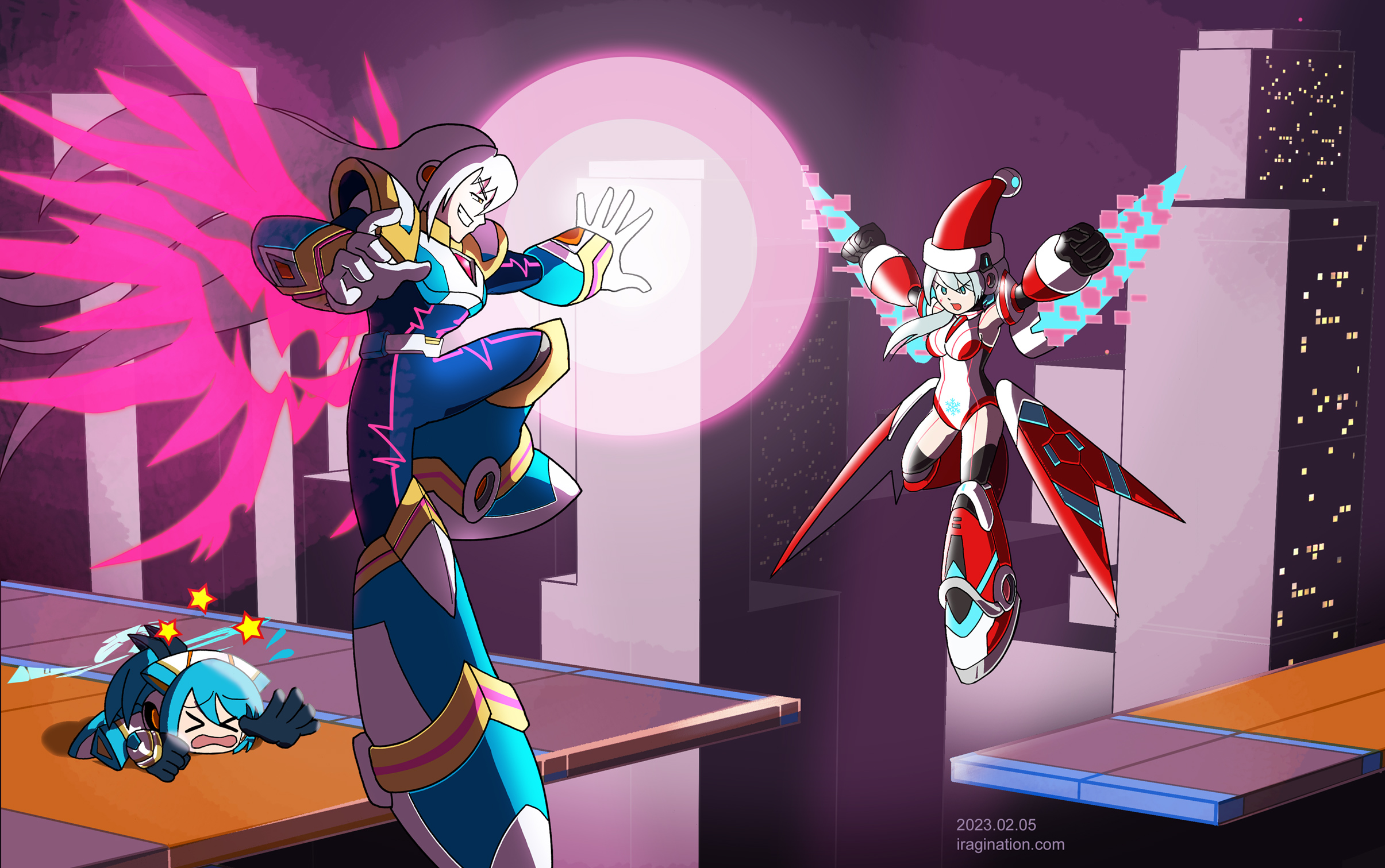 ViA■ vs Christmas iCO – PVP Showcase
[b]Mega Man X DiVE[/b] has released the finale of the story arc it started in 2019-2020. I began working on this illustration based on a trailer posted a few days before. So, this is a spoiler-free post to give everyone time to catch up with the ending event.

In the aforementioned [url=https://youtu.be/6na-yNq3MVA]trailer[/url], the poor [b]RiCO[/b] once more is used as a punching bag to promote the new character, [b]ViA■[/b]. She gets killed three times. And ViA’s streak only ends because apparently, [url=https://youtu.be/iBBTwzj3M8g]Christmas iCO[/url] is able to hold her ground against him before the feed is cut off. Well, don’t look too much into it. I just found it funny and wanted to practice an action scene.

Mega Man X DiVE © CAPCOM
Keywords: via rico ico