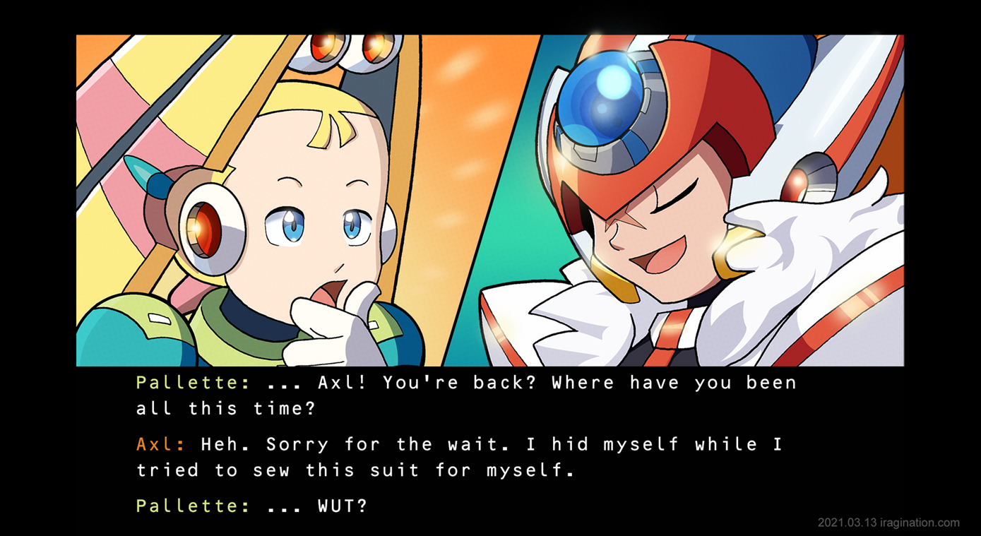 White Day Axl - Rockman X DiVE
Cue in your favorite BGM.

Rockman X DiVE took almost a year to give [url=https://www.facebook.com/CAPCOM.RXD/videos/814152992788151]Axl new content[/url]. I am not sure what the decision process was behind that.

Perhaps you can recognize what I base this scene on. If not, look up Mega Man X6: The Return of Zero. For some reason, the scene became a [url=https://www.pixiv.net/tags/%E3%81%8A%E3%81%B9%E3%82%93%E3%81%A8%E3%81%86/artworks]meme[/url]. I don't know why. The grammar looks perfectly fine to me.

Keywords: axl pallette