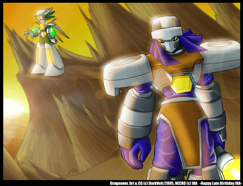 Art by Dark Volt
[url=http://darkvolt.deviantart.com/]Website[/url]

Necro and DV's character Dragooner. Really nice light CG effects. =O
Keywords: necro guest_fan_art