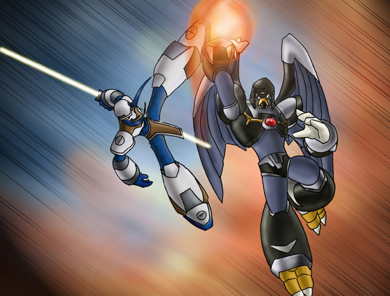 Art by deityofshadows
[url=http://deityofshadows.deviantart.com]Website[/url]

Woah, a kick-ass battle scene between Necro and Flame Falcon. Excellent work.
Keywords: necro flame_falcon guest_fan_art