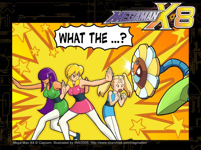 Powerpuff Navigators
Optical Sunflower said it all.

The Mega Man X Navigator Trio introduced in Mega Man X8 dressing up as the Powerpuff Girls.

Mega Man X (C) Capcom. The Powerpuff Girls (C) Cartoon Network.
Keywords: alia layer pallette optic_sunflower