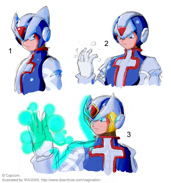 X's helmet on Mega Man Zero
The elusive Cyber Elf X has very little official art, and the design of his helmet is very difficult to work out. Based on the game sprite alone, I thought it was the Mega Man X2 one. And then I've seen many variations from several artists. Which one is your favorite?

Mega Man Zero (C) CAPCOM.
Keywords: x