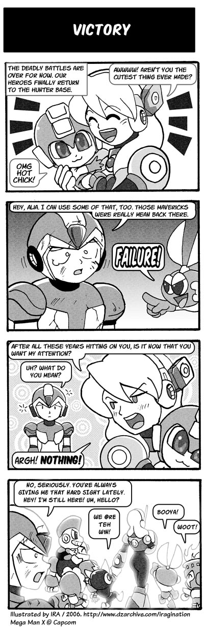 Victory
[b]Update[/b]: Read the HD version [url=https://www.iragination.com/comics/viewcomic.php?id=7]here[/url]

[url=https://www.iragination.com/illust/displayimage.php?pos=-380]First[/url] 
[url=https://www.iragination.com/illust/displayimage.php?pos=-389]Previous[/url]

Hope you all have enjoyed it. Thanks for all the comments. =)
Keywords: alia x cut_man mega_man elec_man fire_man bomb_man ice_man guts_man