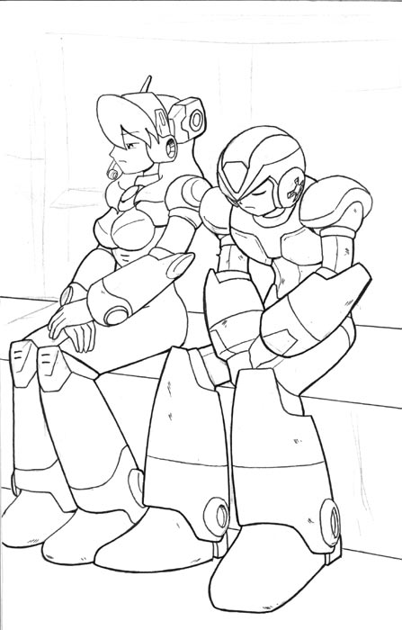 X and Alia
X is sad, perhaps wondering when all the wars are going to end. Despite having been partners for many years, Alia does not seem able to cheer him up.

[url=https://www.iragination.com/illust/displayimage.php?pid=200]Color version[/url]

Mega Man X (C) CAPCOM.
Keywords: x alia