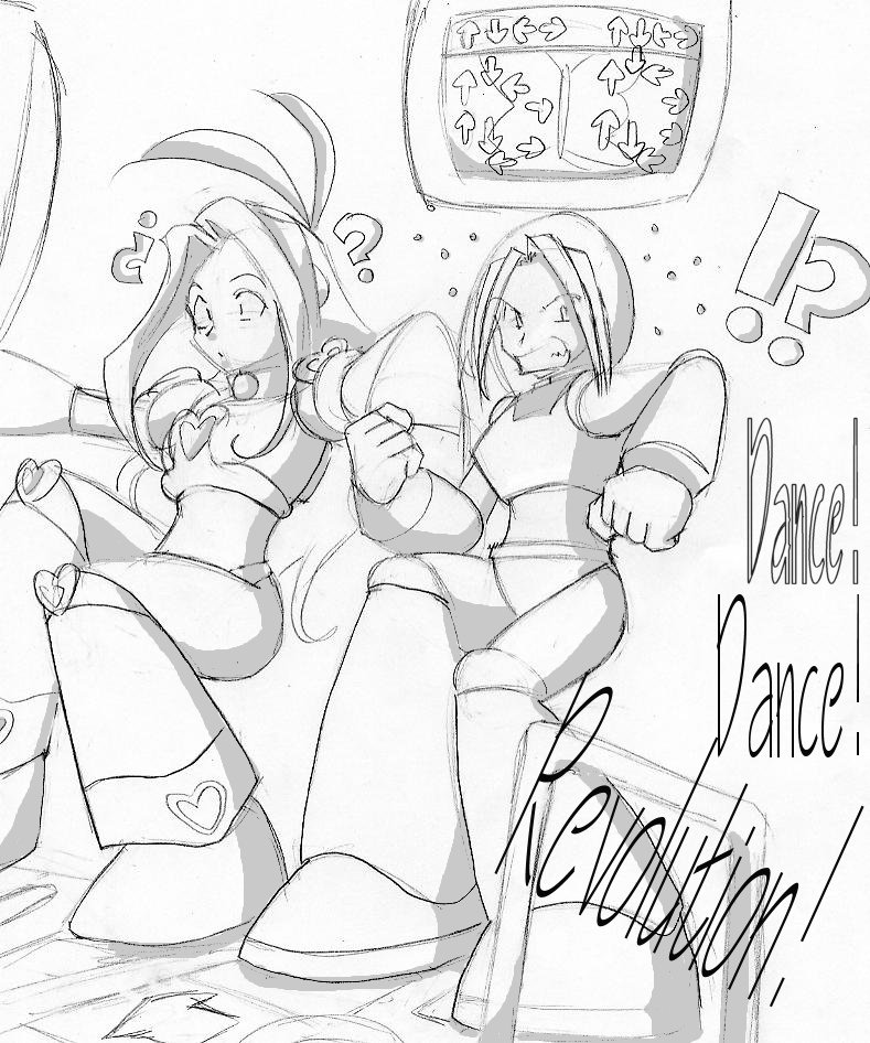 Art by Vegemoon
[url=http://vegemoon.deviantart.com]Web Site[/url]

Andrea and Delia playing with a dancing machine. Check it out yourself. BTW, Delia starts to show off her short hair look =D
Keywords: delia vegemoon guest_fan_art